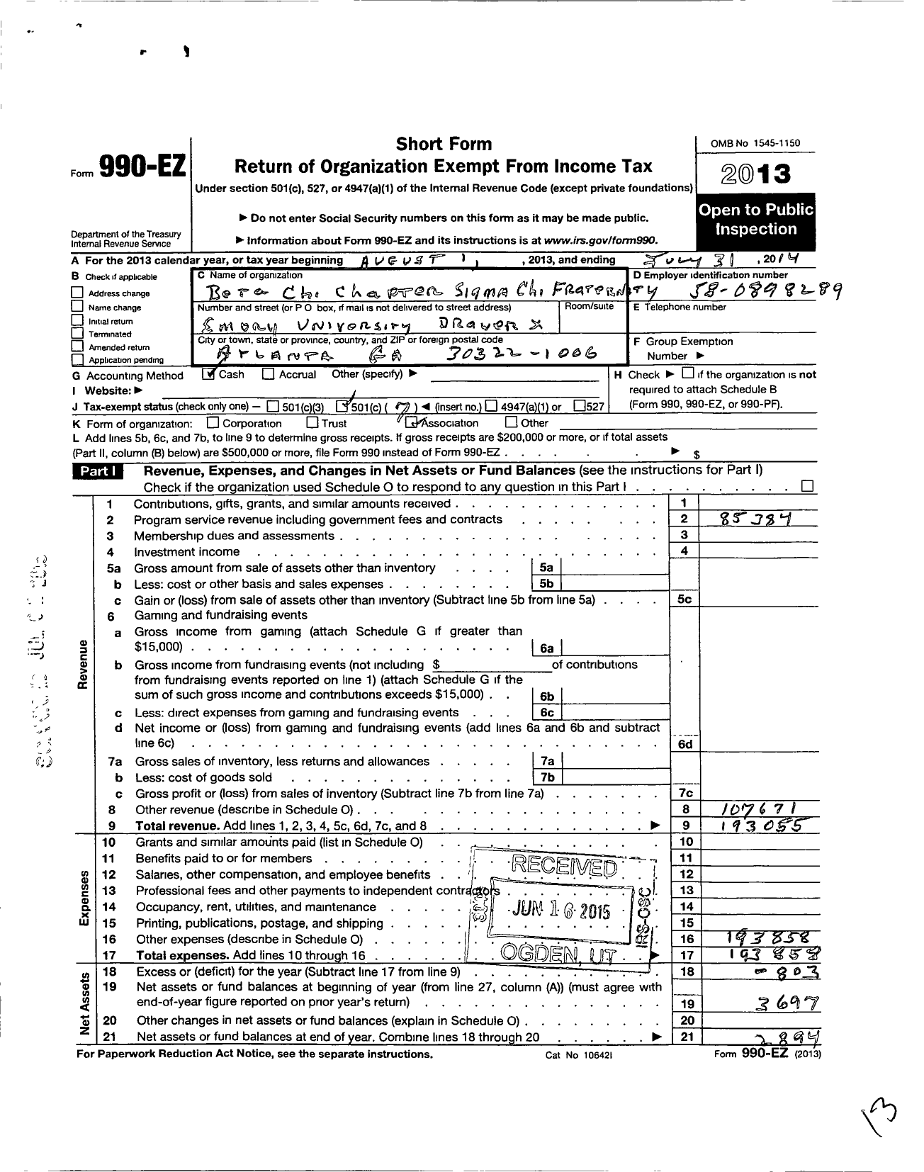 Image of first page of 2013 Form 990EO for Sigma Chi Fraternity - Beta Chi Chapter