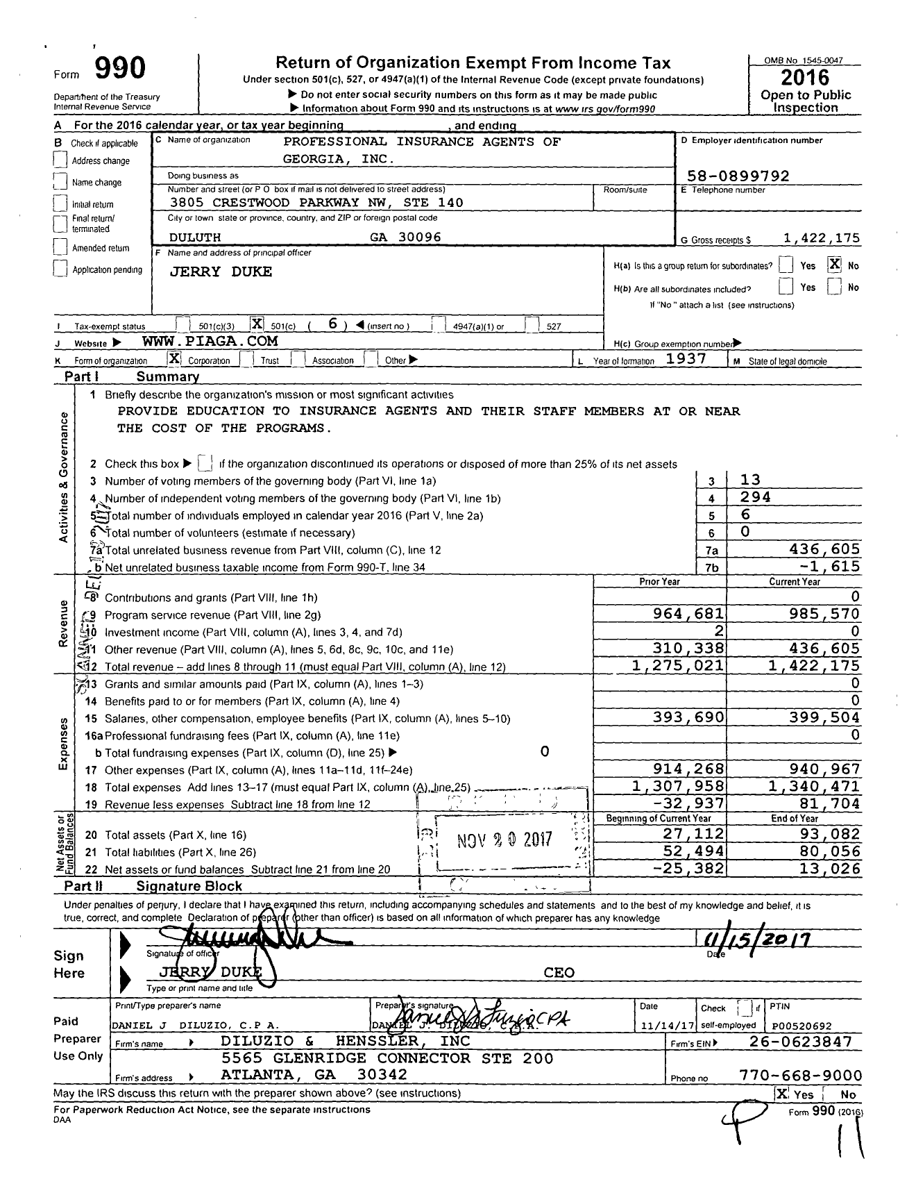 Image of first page of 2016 Form 990O for Professional Insurance Agents of Georgia