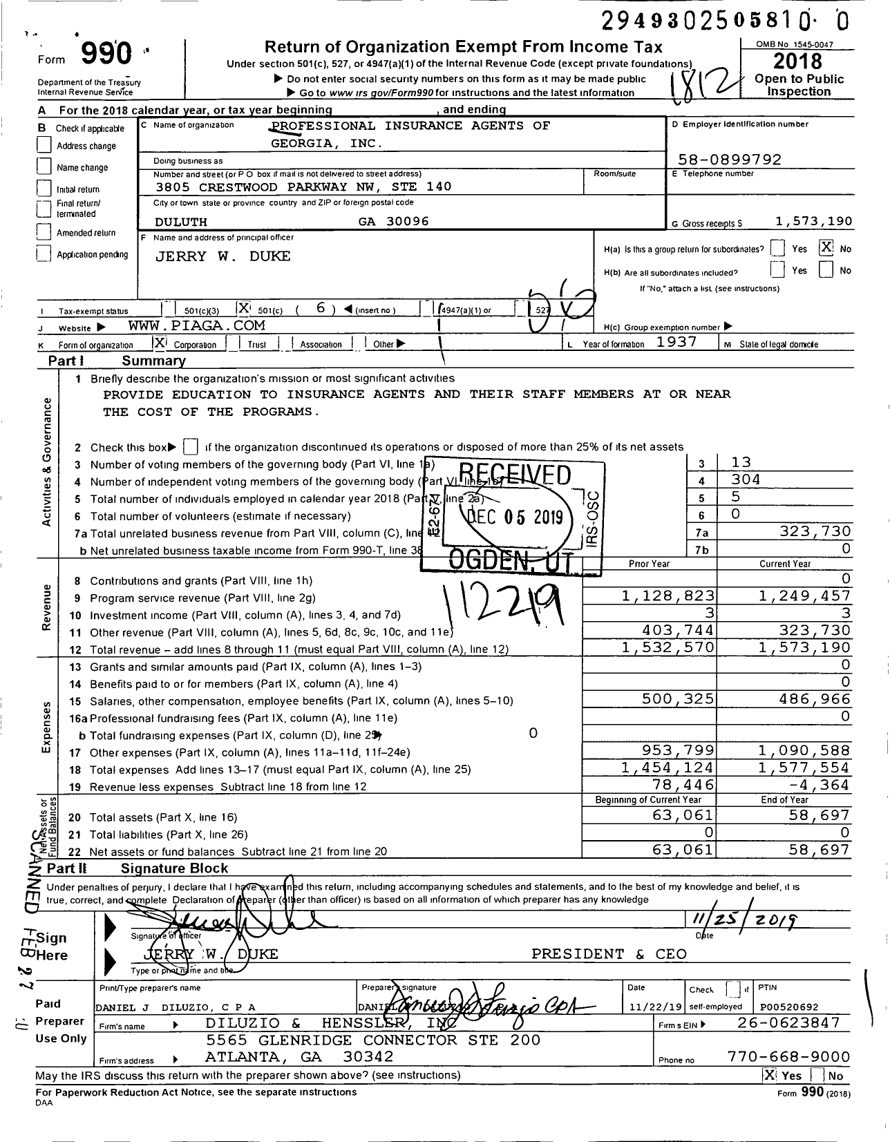 Image of first page of 2018 Form 990O for Professional Insurance Agents of Georgia