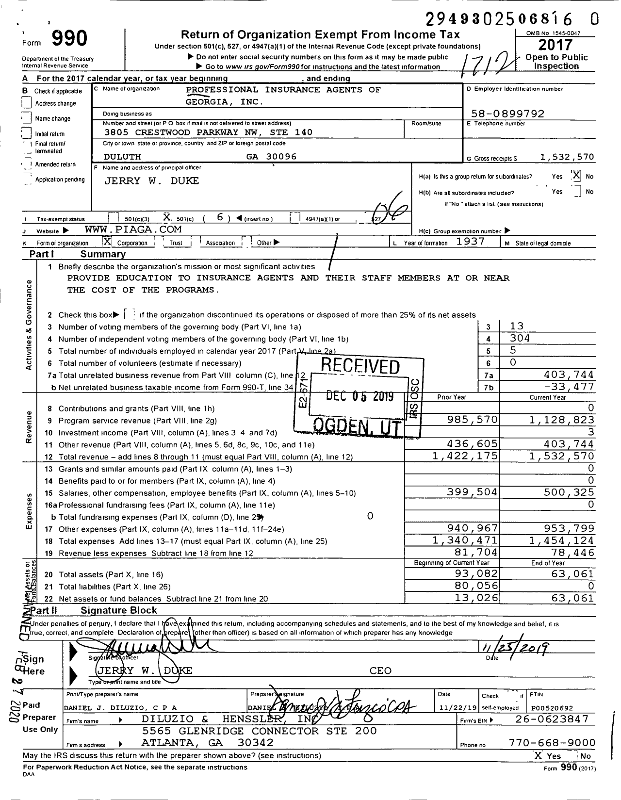 Image of first page of 2017 Form 990O for Professional Insurance Agents of Georgia