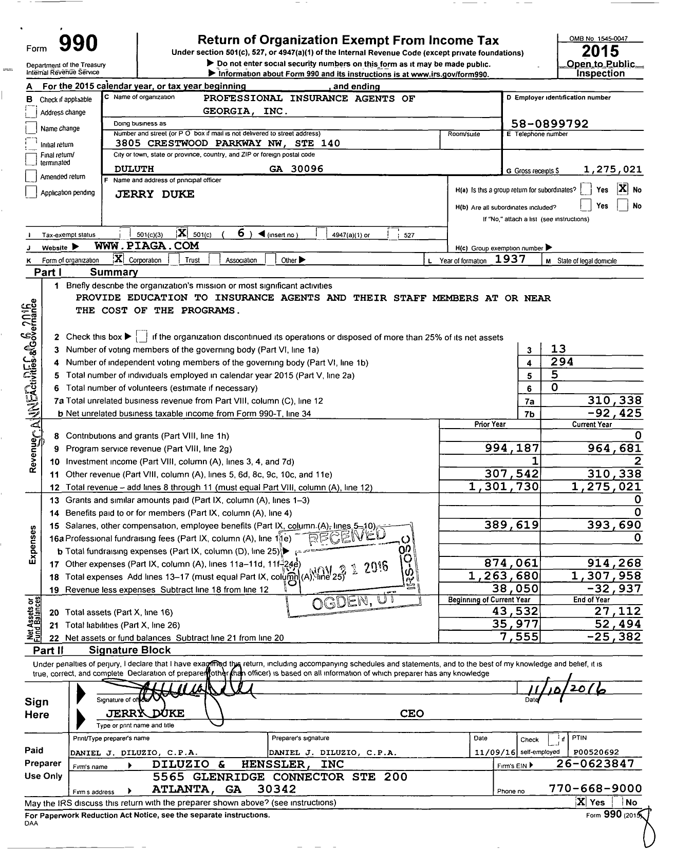 Image of first page of 2015 Form 990O for Professional Insurance Agents of Georgia