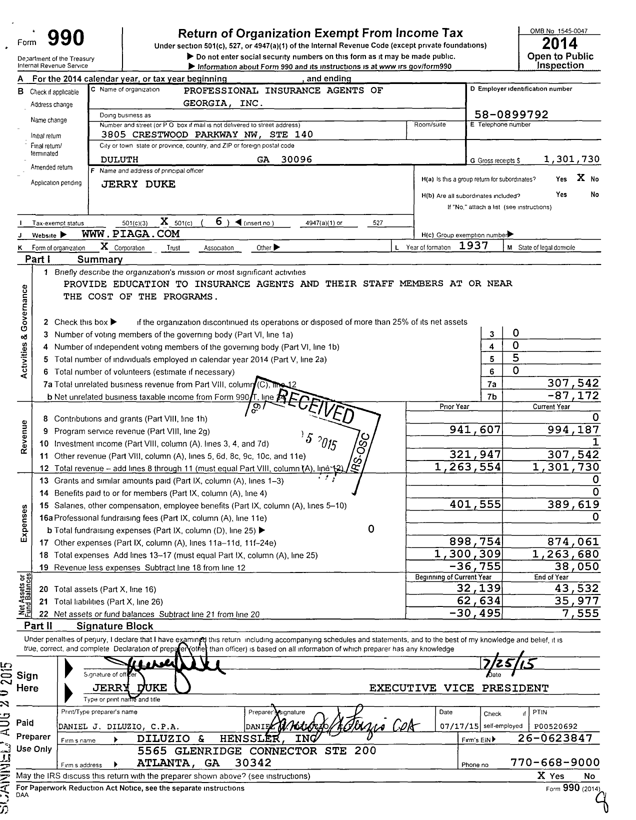 Image of first page of 2014 Form 990O for Professional Insurance Agents of Georgia