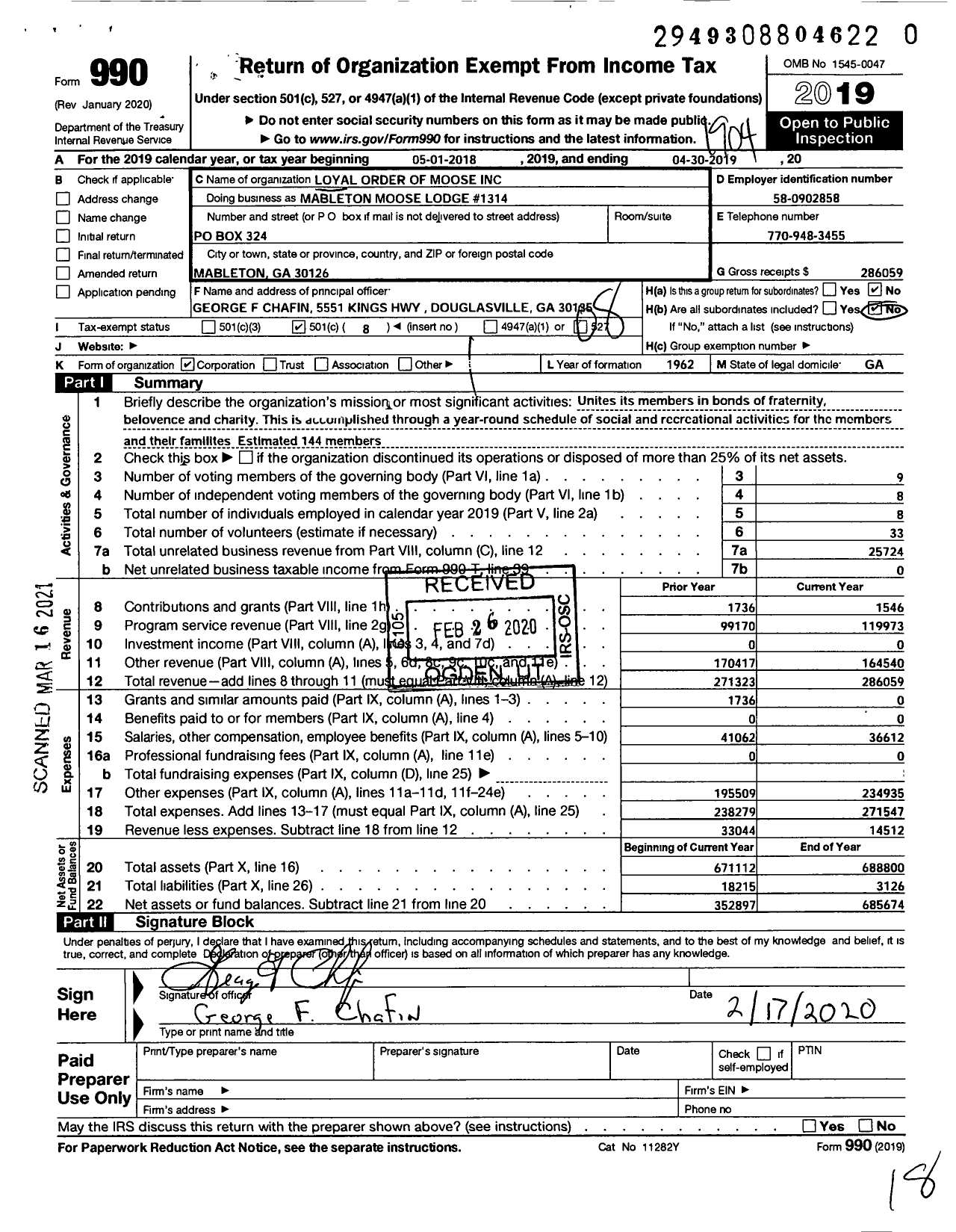 Image of first page of 2018 Form 990O for Loyal Order of Moose - Mableton Moose Lodge 1314