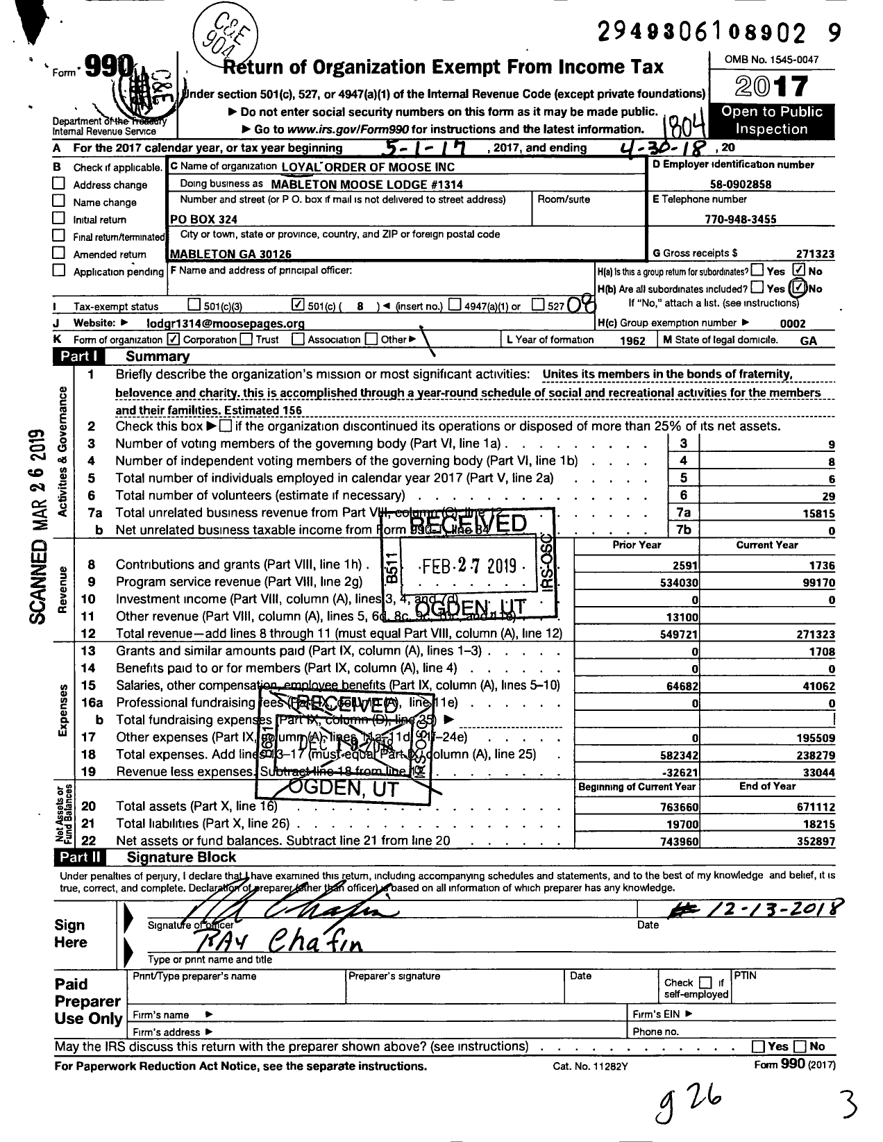 Image of first page of 2017 Form 990O for Loyal Order of Moose - Mableton Moose Lodge 1314