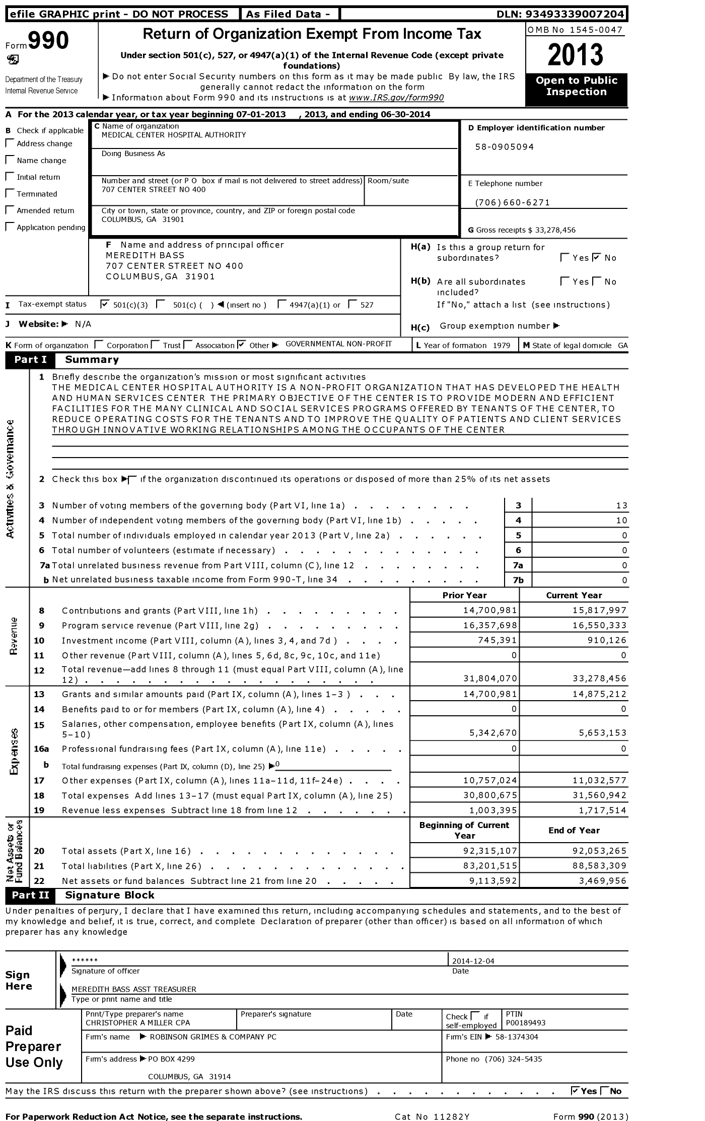 Image of first page of 2013 Form 990 for The Medical Center Hospital Authority