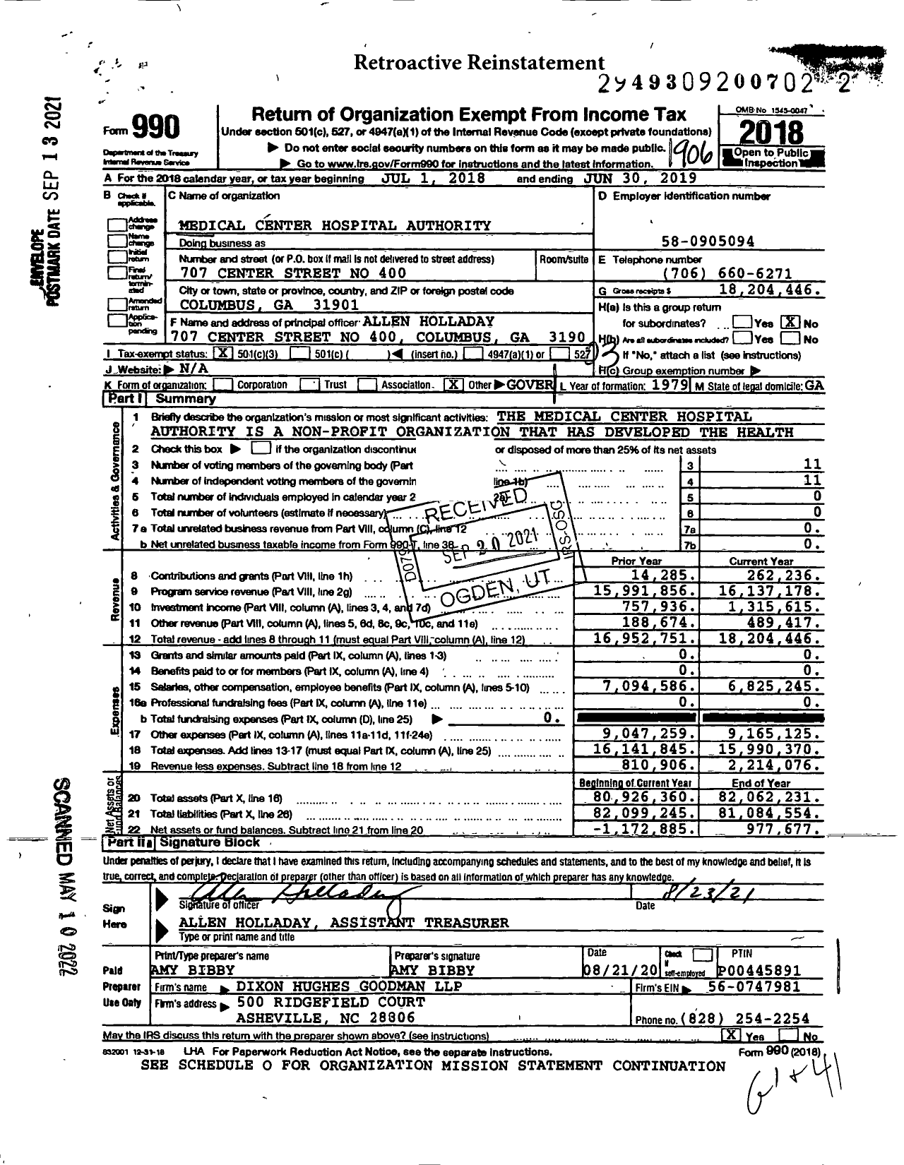 Image of first page of 2018 Form 990 for The Medical Center Hospital Authority