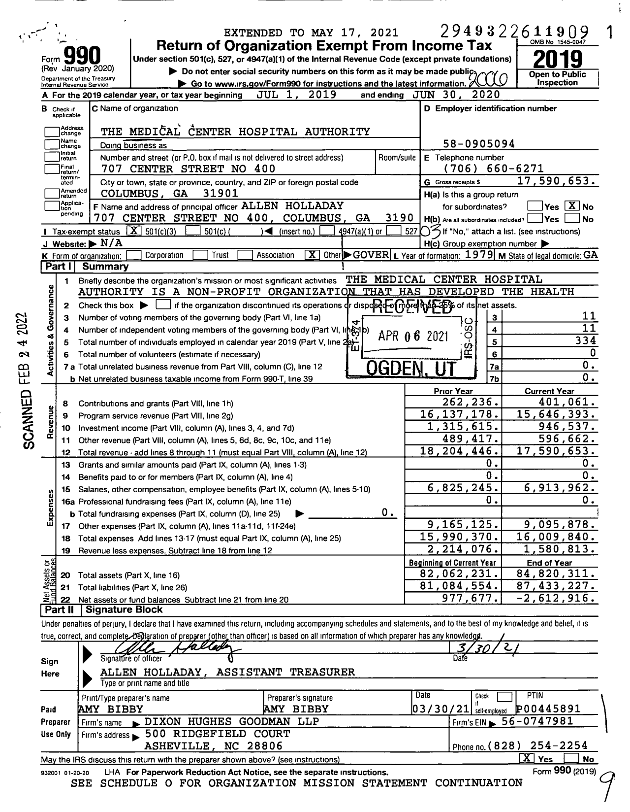 Image of first page of 2019 Form 990 for The Medical Center Hospital Authority