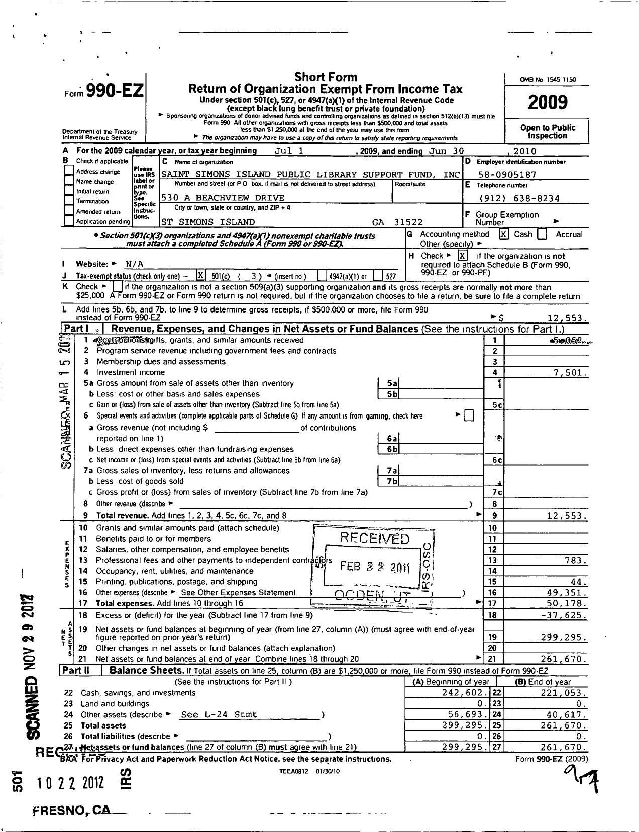 Image of first page of 2009 Form 990EZ for St Simons Island Public Library