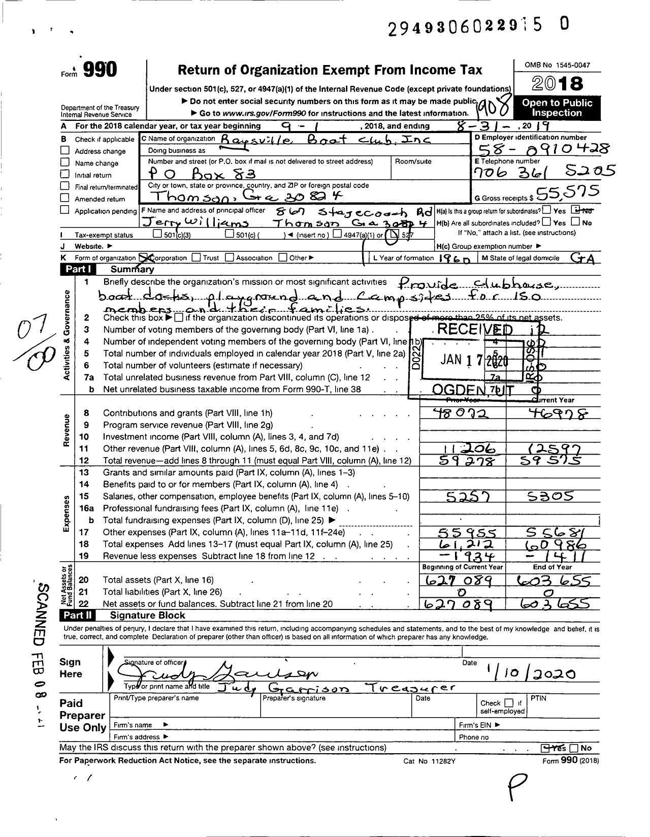 Image of first page of 2018 Form 990O for Raysville Boat Club