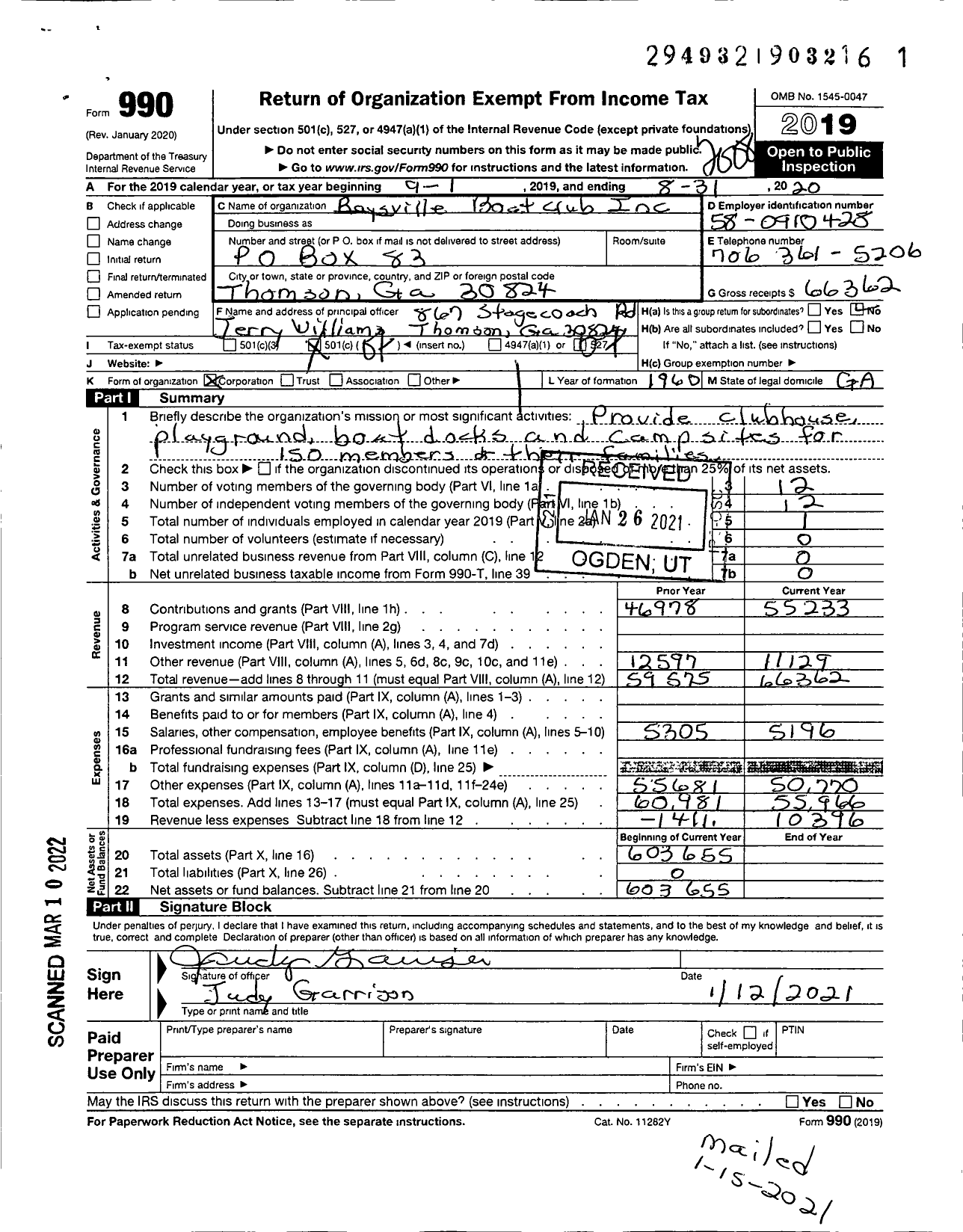 Image of first page of 2019 Form 990O for Raysville Boat Club