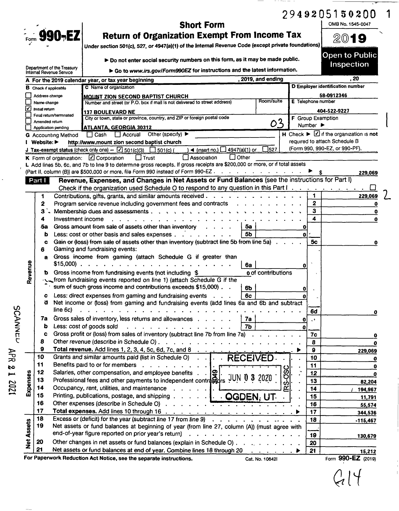 Image of first page of 2019 Form 990EZ for Mount Zion Second Baptist Church