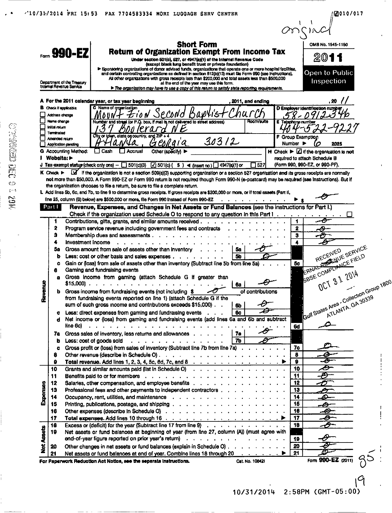 Image of first page of 2011 Form 990EO for Mount Zion Second Baptist Church