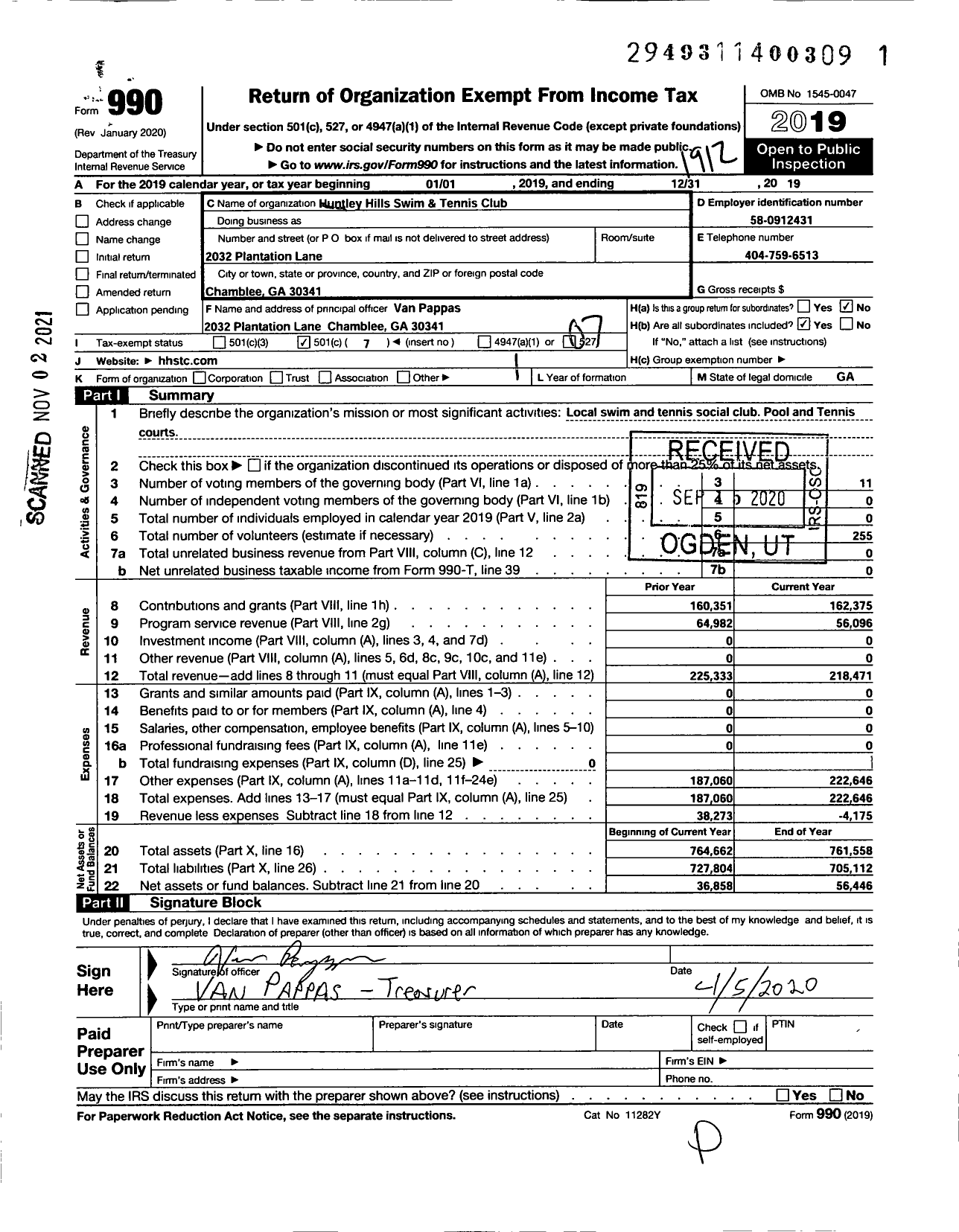 Image of first page of 2019 Form 990O for Huntley Hills Swim Club