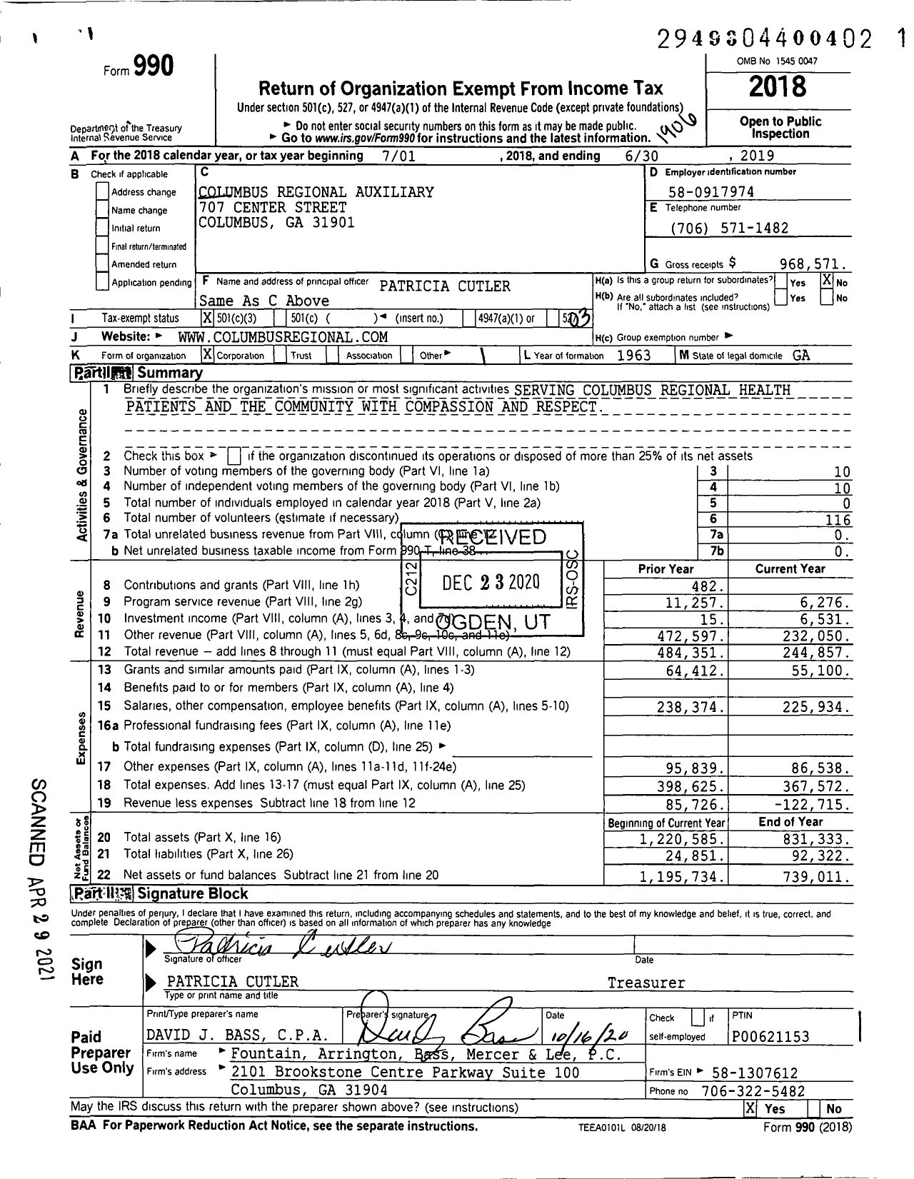 Image of first page of 2018 Form 990 for Columbus Regional Auxiliary