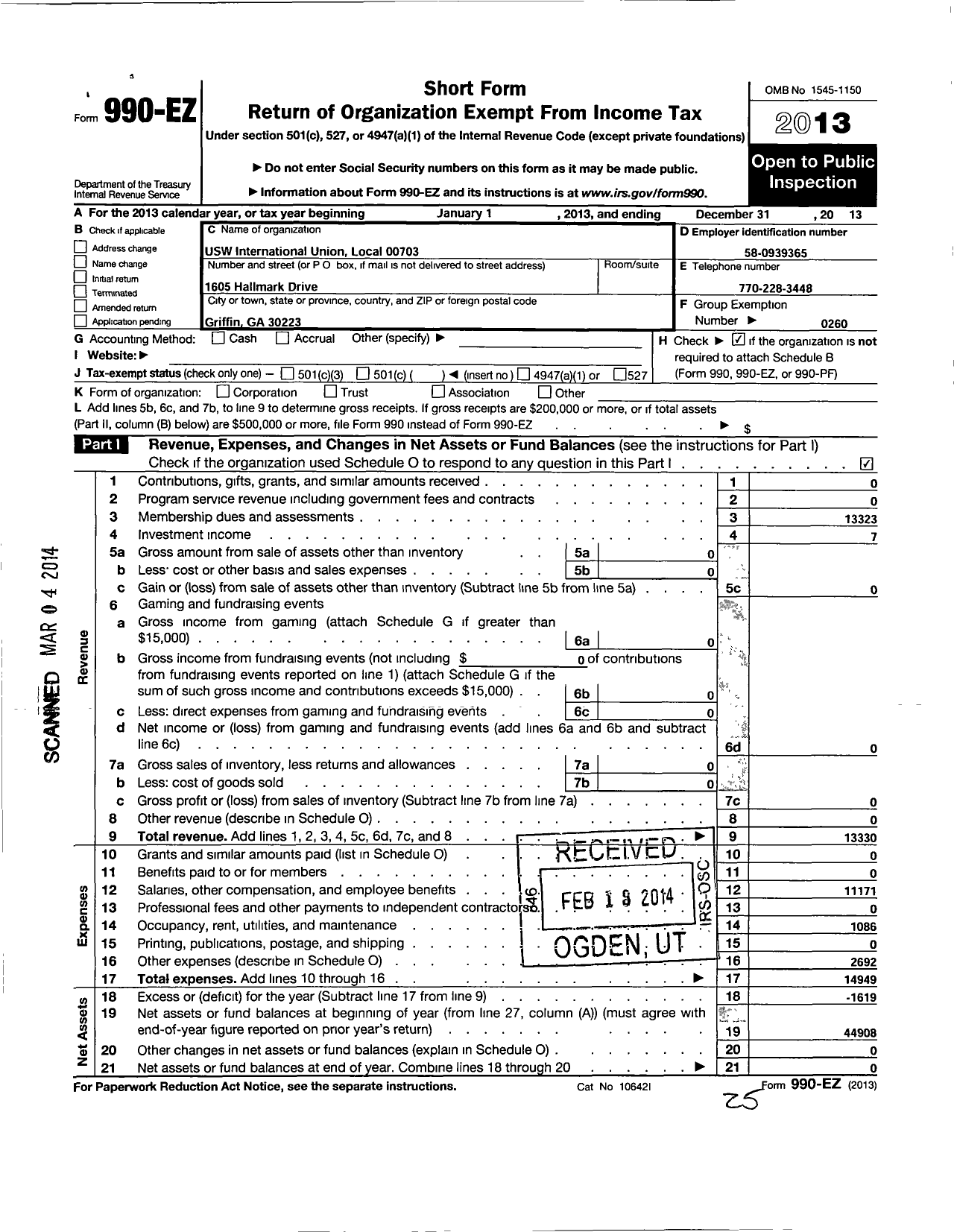 Image of first page of 2013 Form 990EO for United Steelworkers - 00703 Local