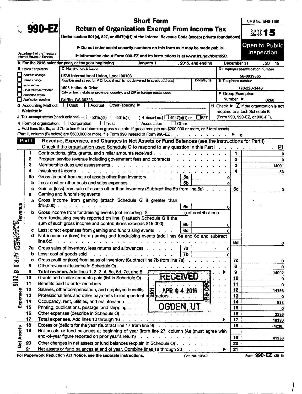 Image of first page of 2015 Form 990EO for United Steelworkers - 00703 Local