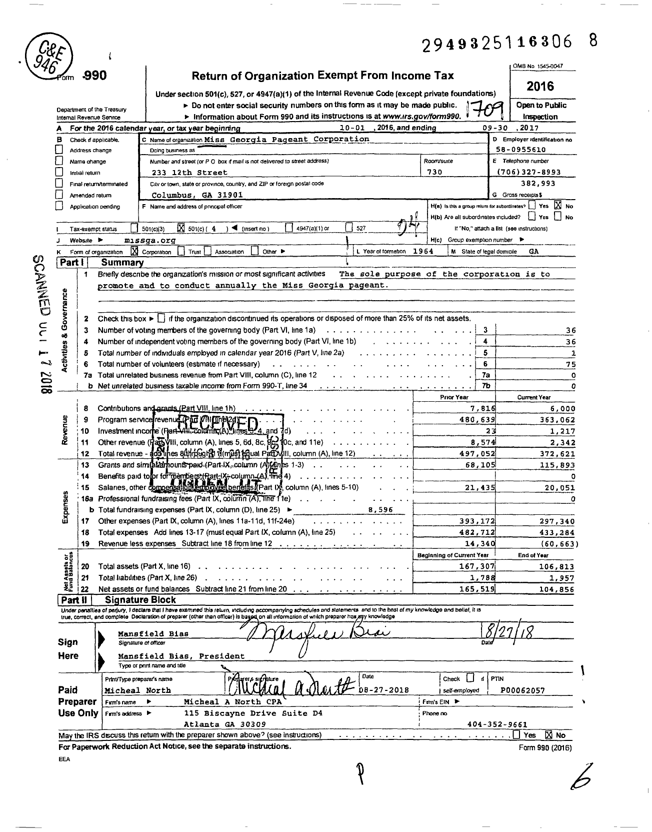 Image of first page of 2016 Form 990O for Miss Georgia Pageant Corporation