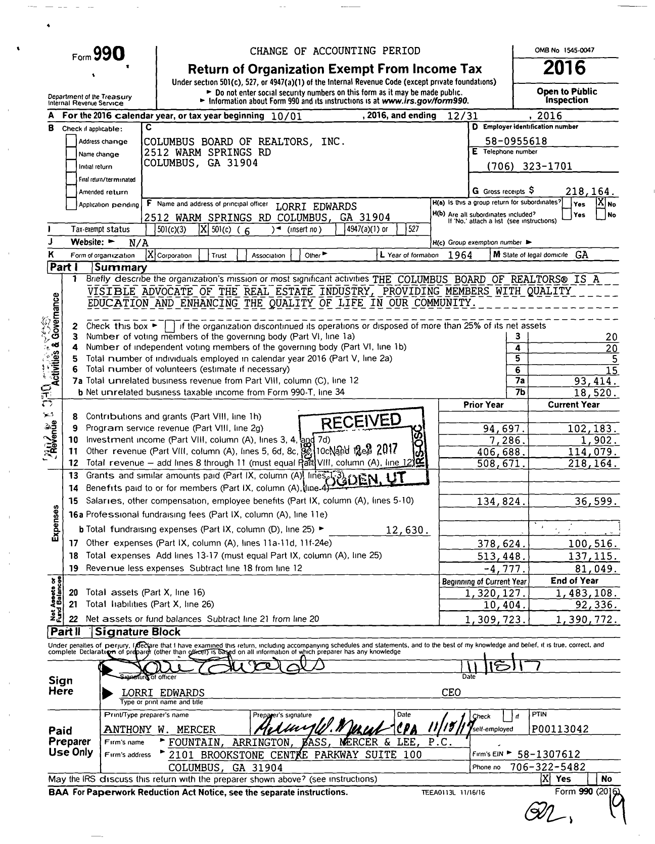 Image of first page of 2016 Form 990O for Columbus Board of Realtors