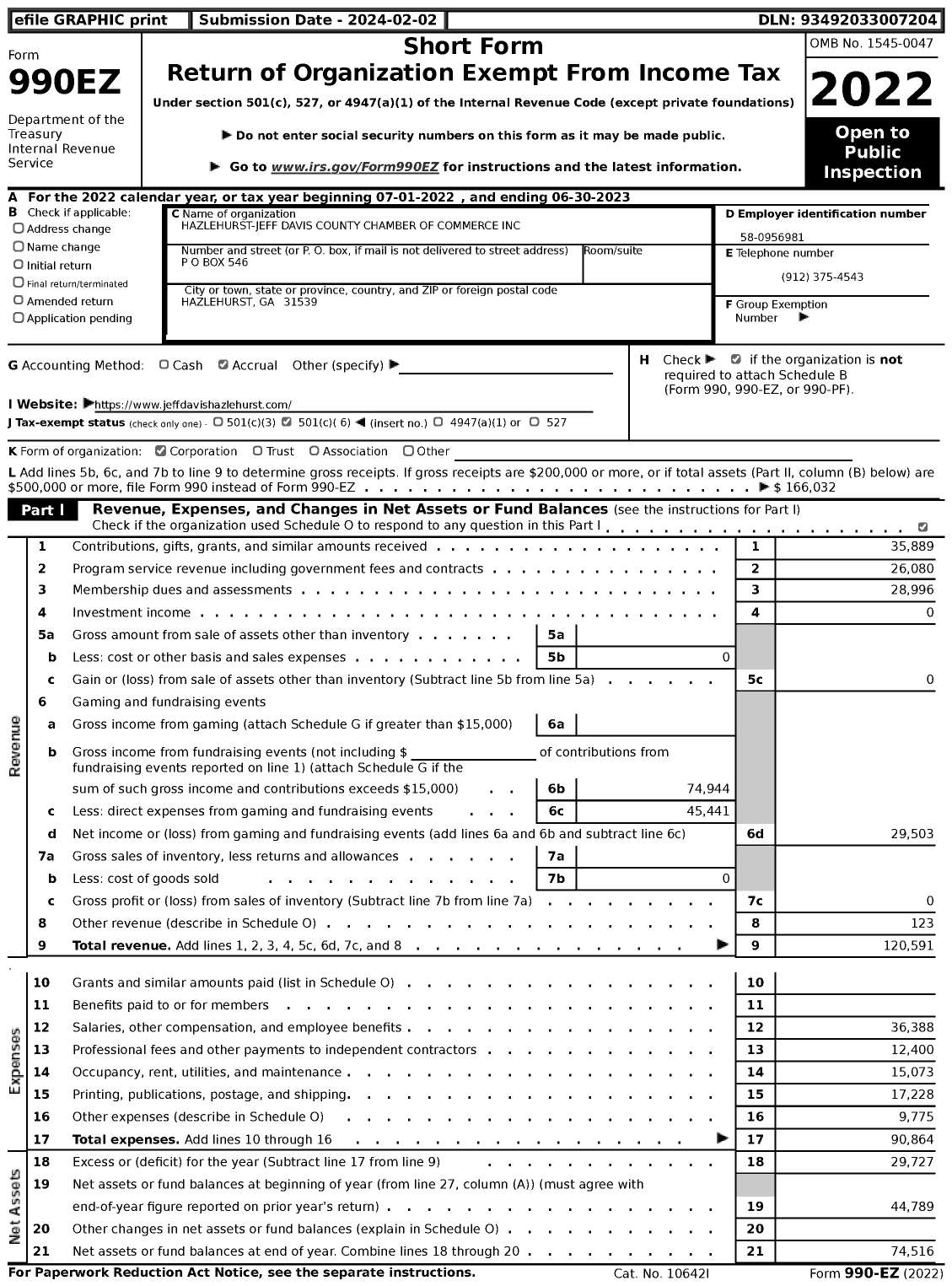 Image of first page of 2022 Form 990EZ for Hazlehurst-Jeff Davis County Chamber of Commerce