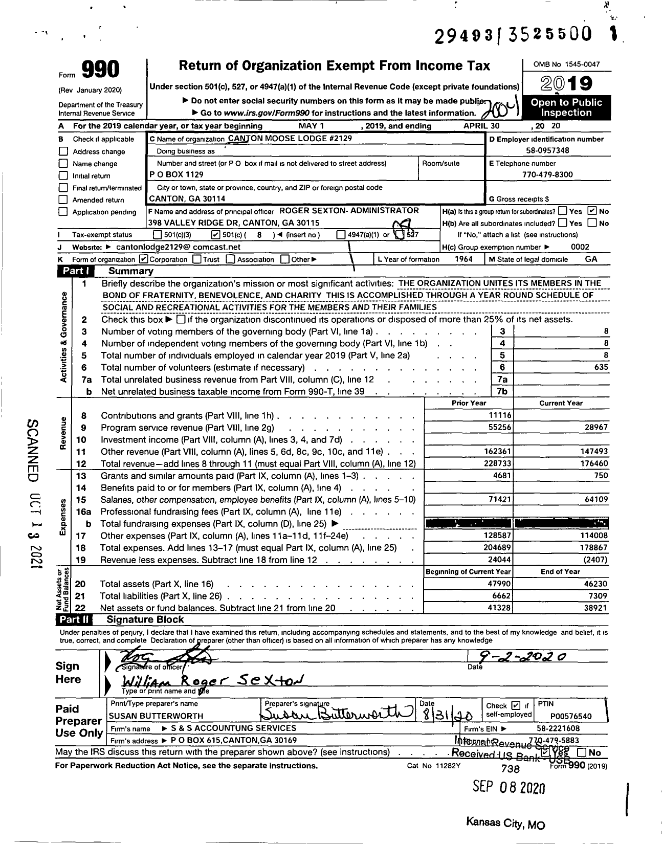 Image of first page of 2019 Form 990O for Loyal Order of Moose - 2129