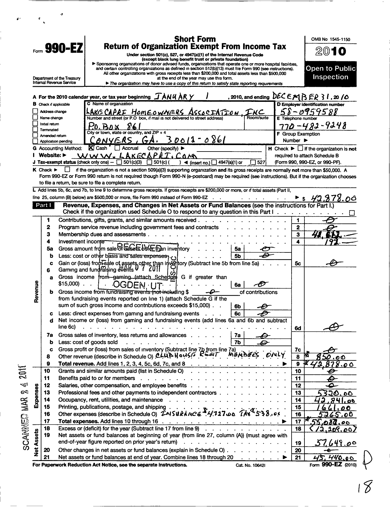 Image of first page of 2010 Form 990EO for Lake Capri Homeowners Association