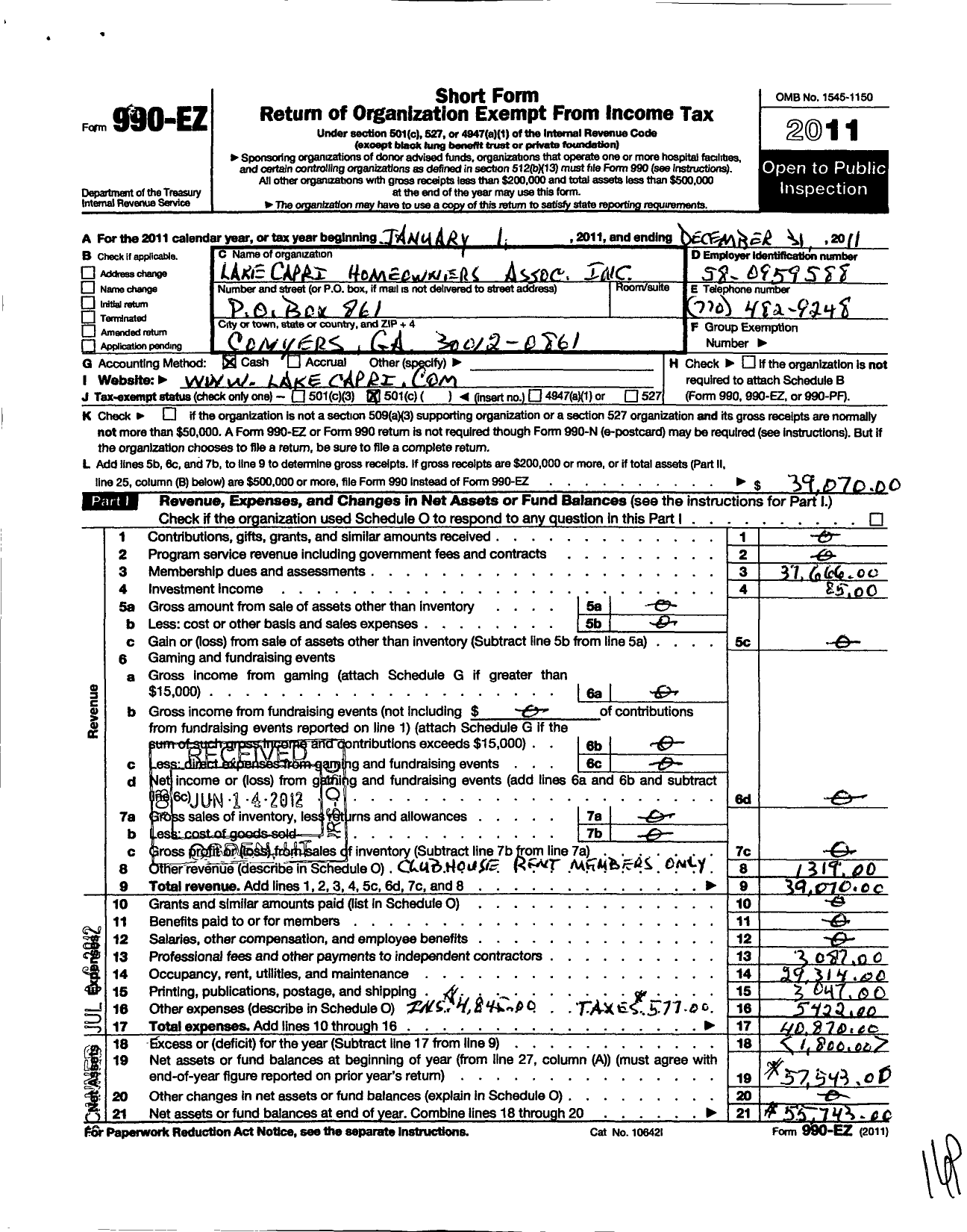 Image of first page of 2011 Form 990EO for Lake Capri Homeowners Association