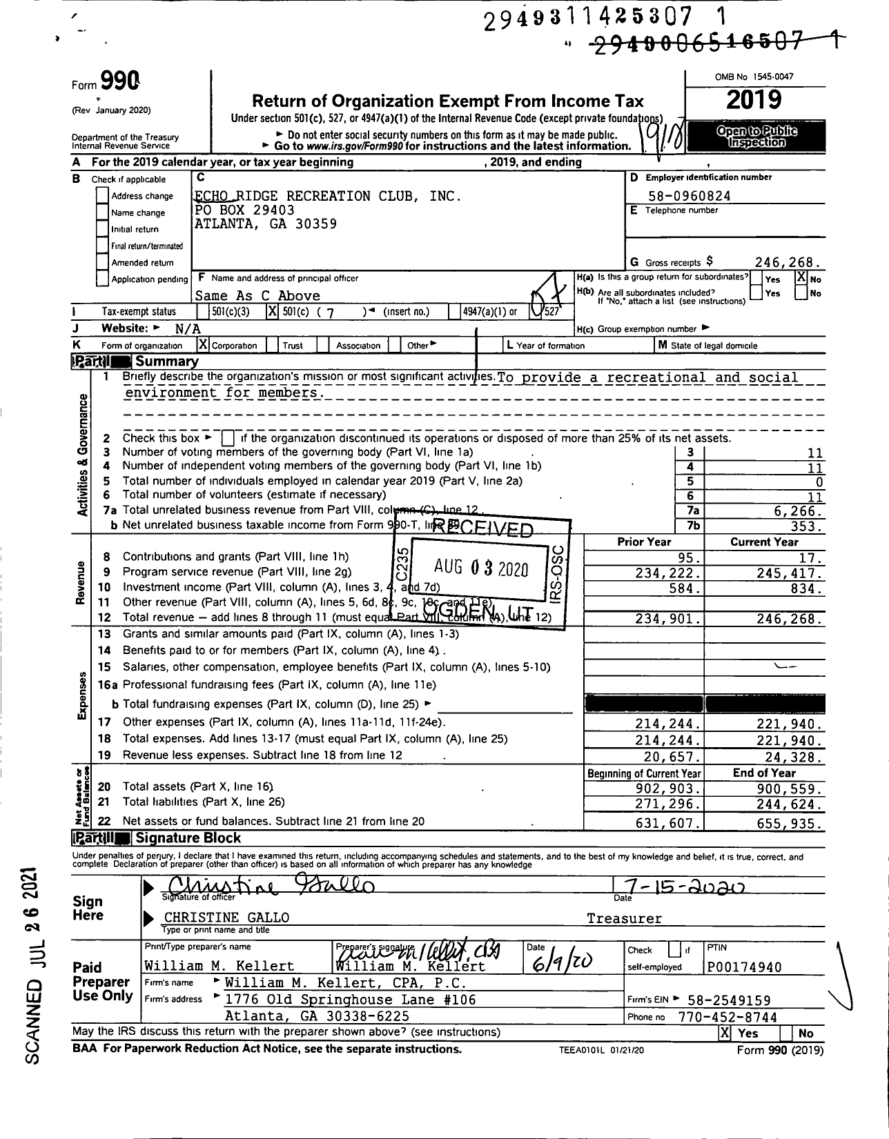 Image of first page of 2019 Form 990O for Echo Ridge Recreation Club