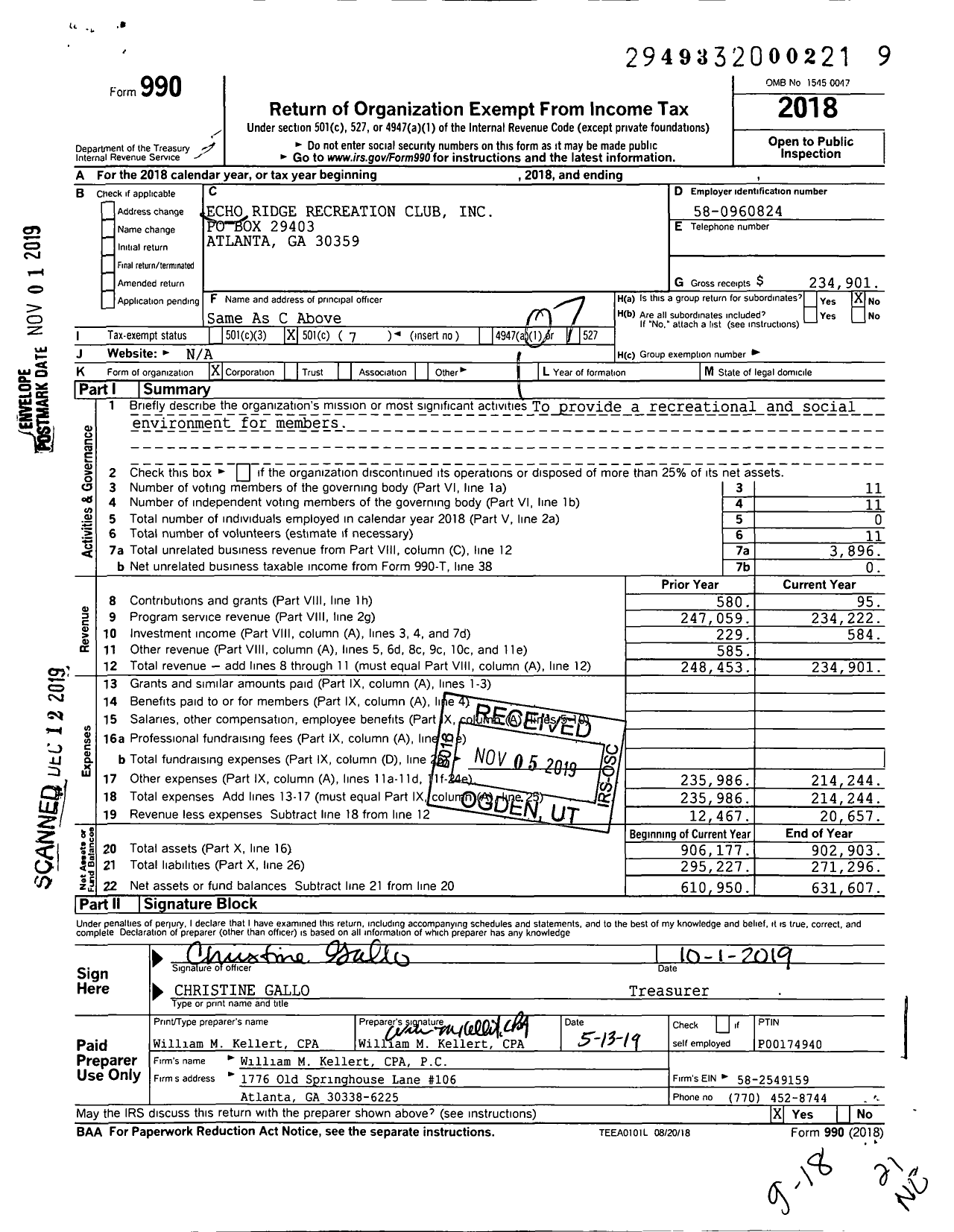 Image of first page of 2018 Form 990O for Echo Ridge Recreation Club