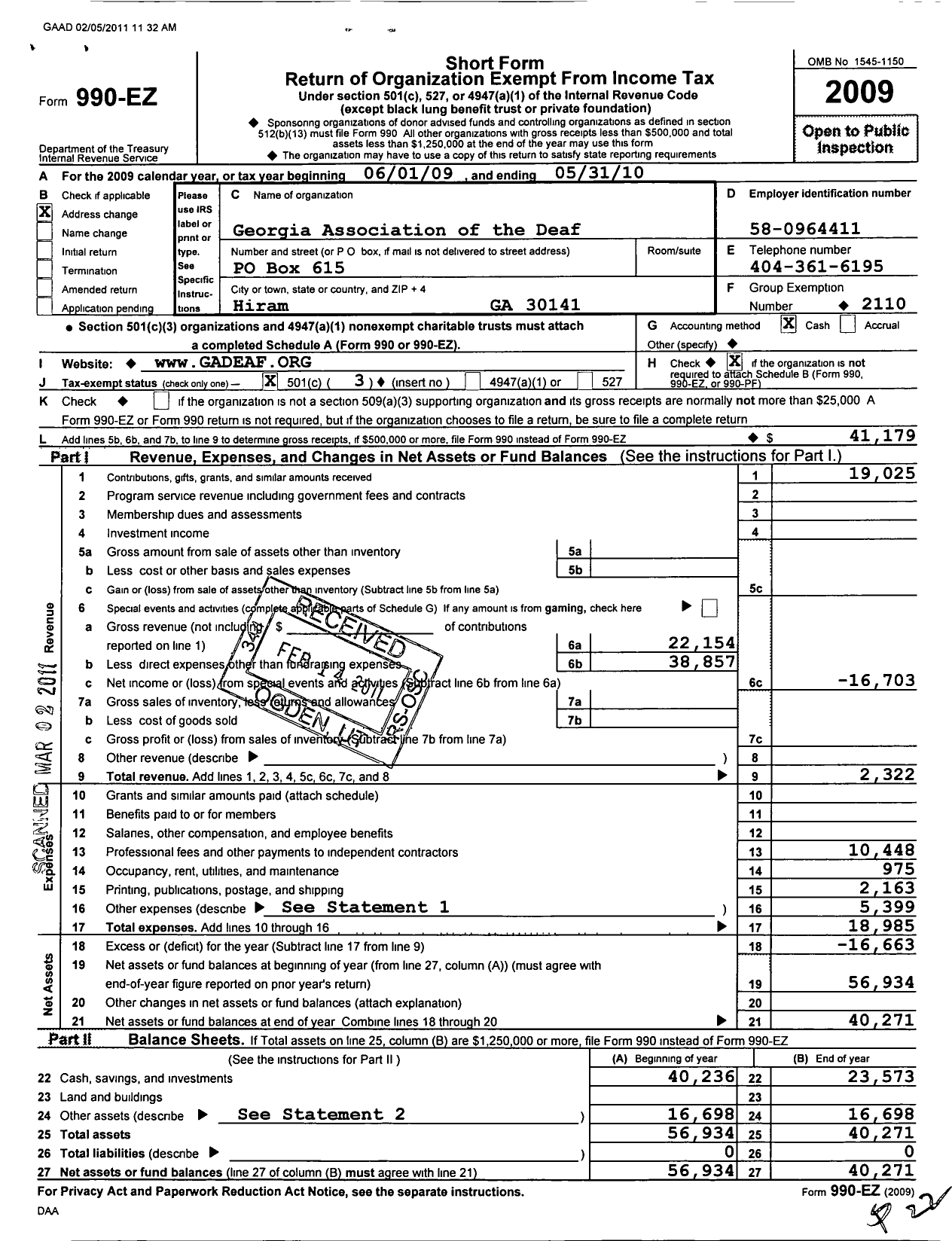 Image of first page of 2009 Form 990EZ for Georgia Association of the Deaf