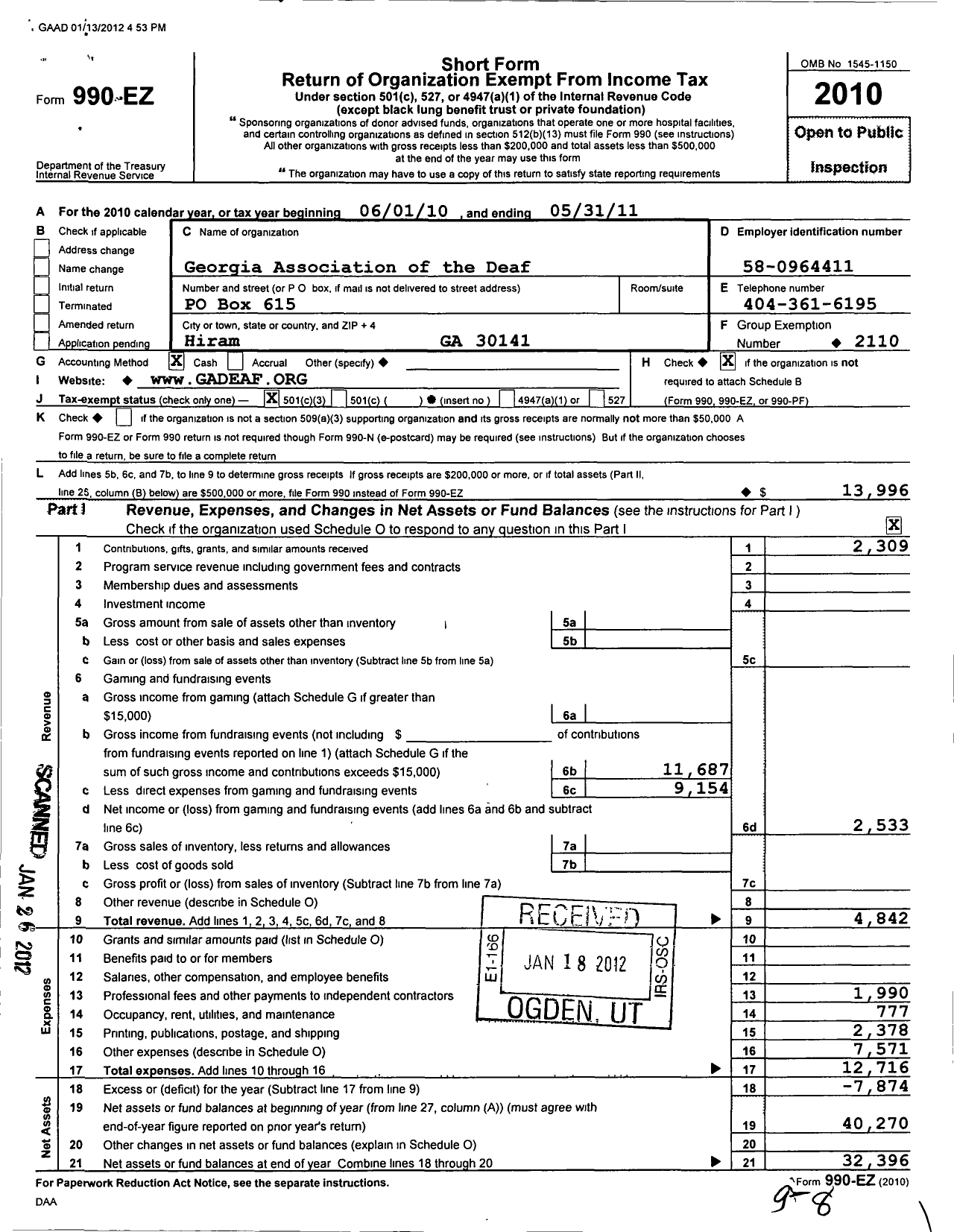 Image of first page of 2010 Form 990EZ for Georgia Association of the Deaf