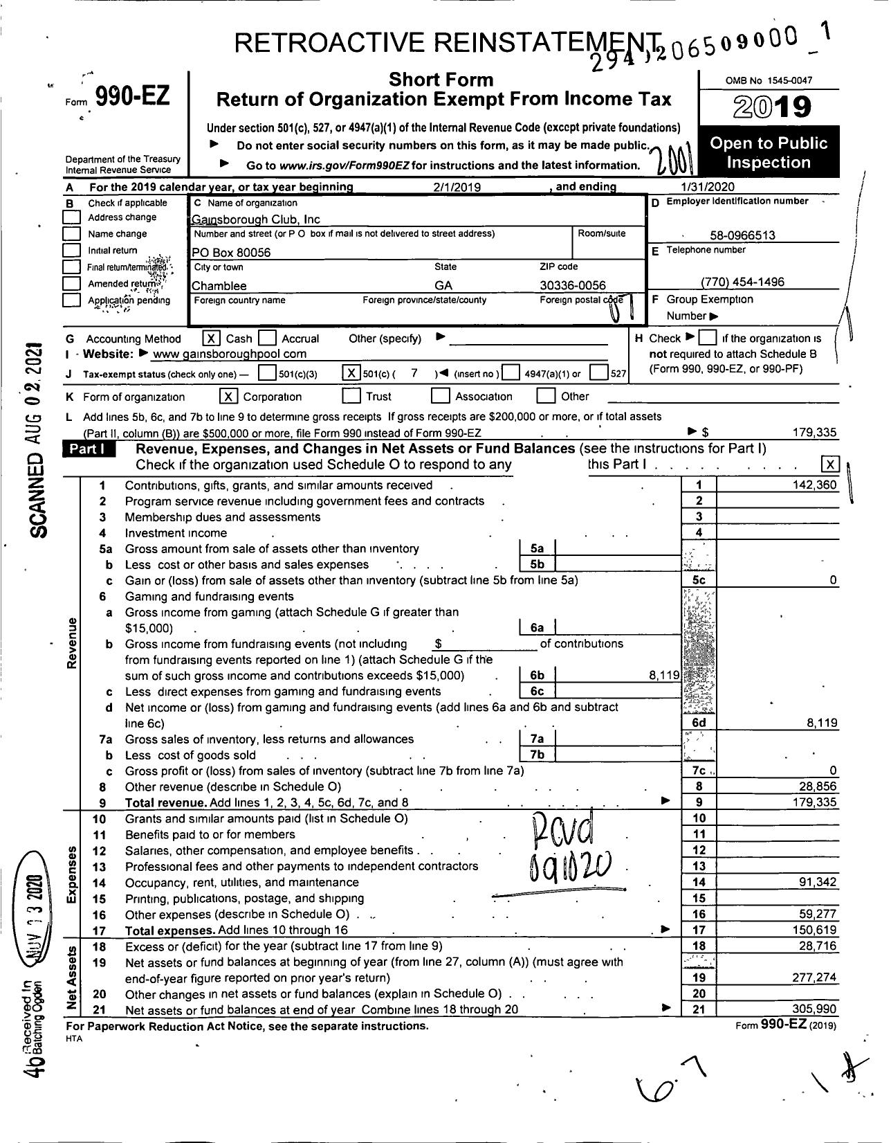 Image of first page of 2019 Form 990EO for Gainsborough Club