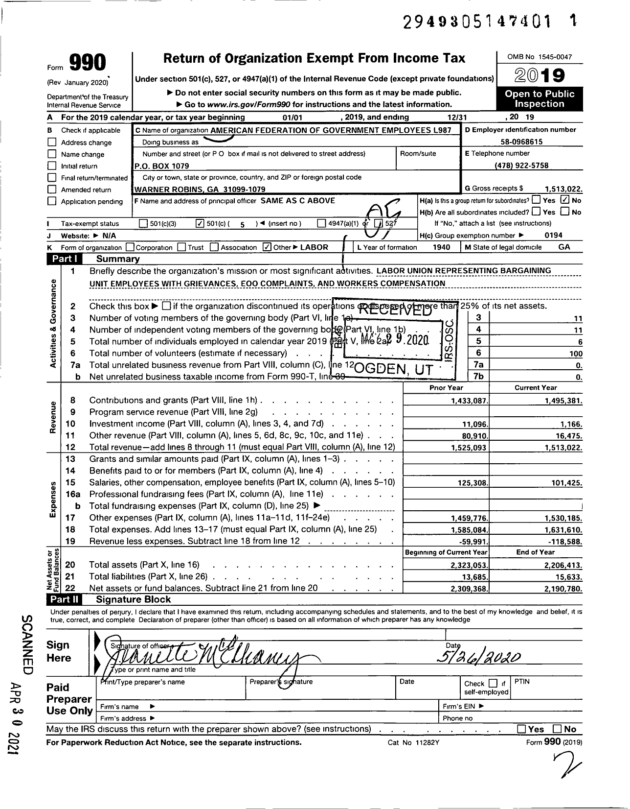 Image of first page of 2019 Form 990O for American Federation of Government Employees - 0987 Afge Aafes Usda Local