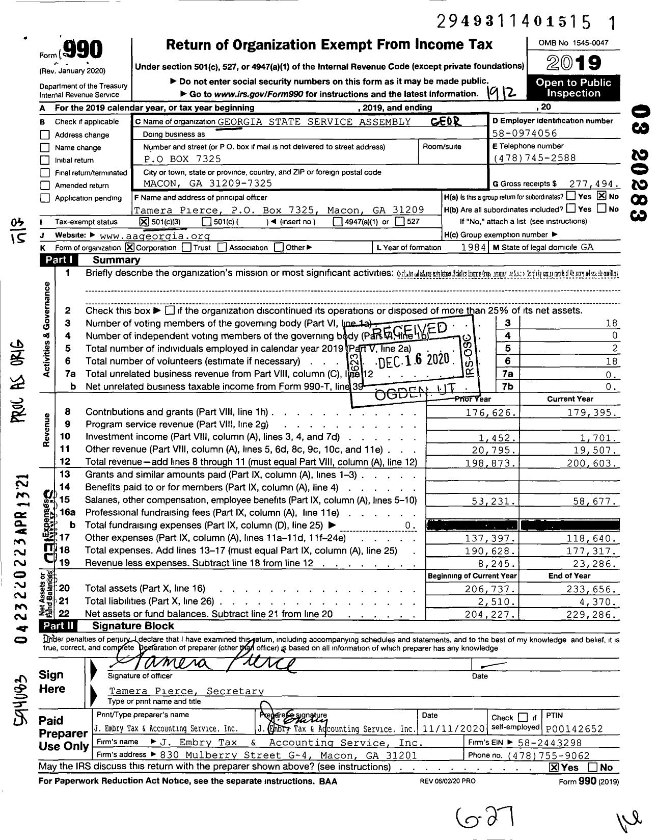 Image of first page of 2019 Form 990 for Georgia State Service Assembly