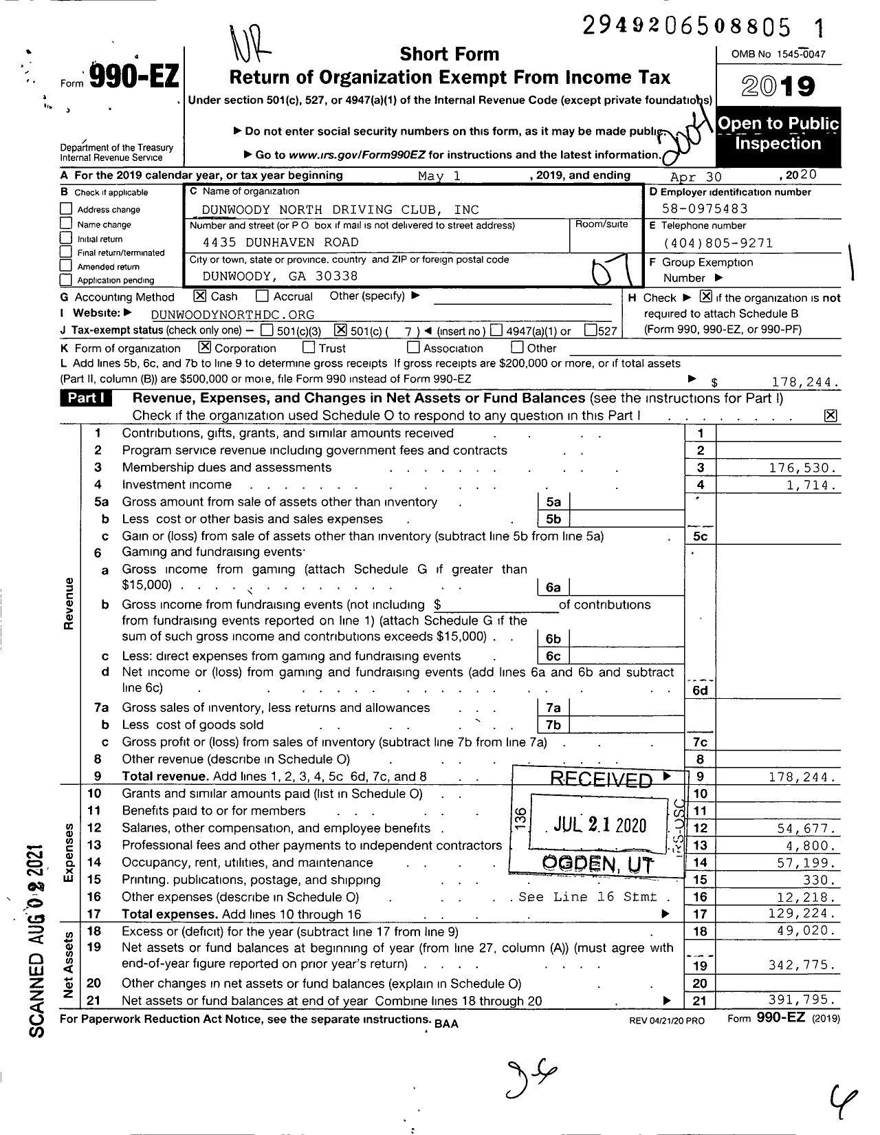 Image of first page of 2019 Form 990EO for Dunwoody North Driving Club