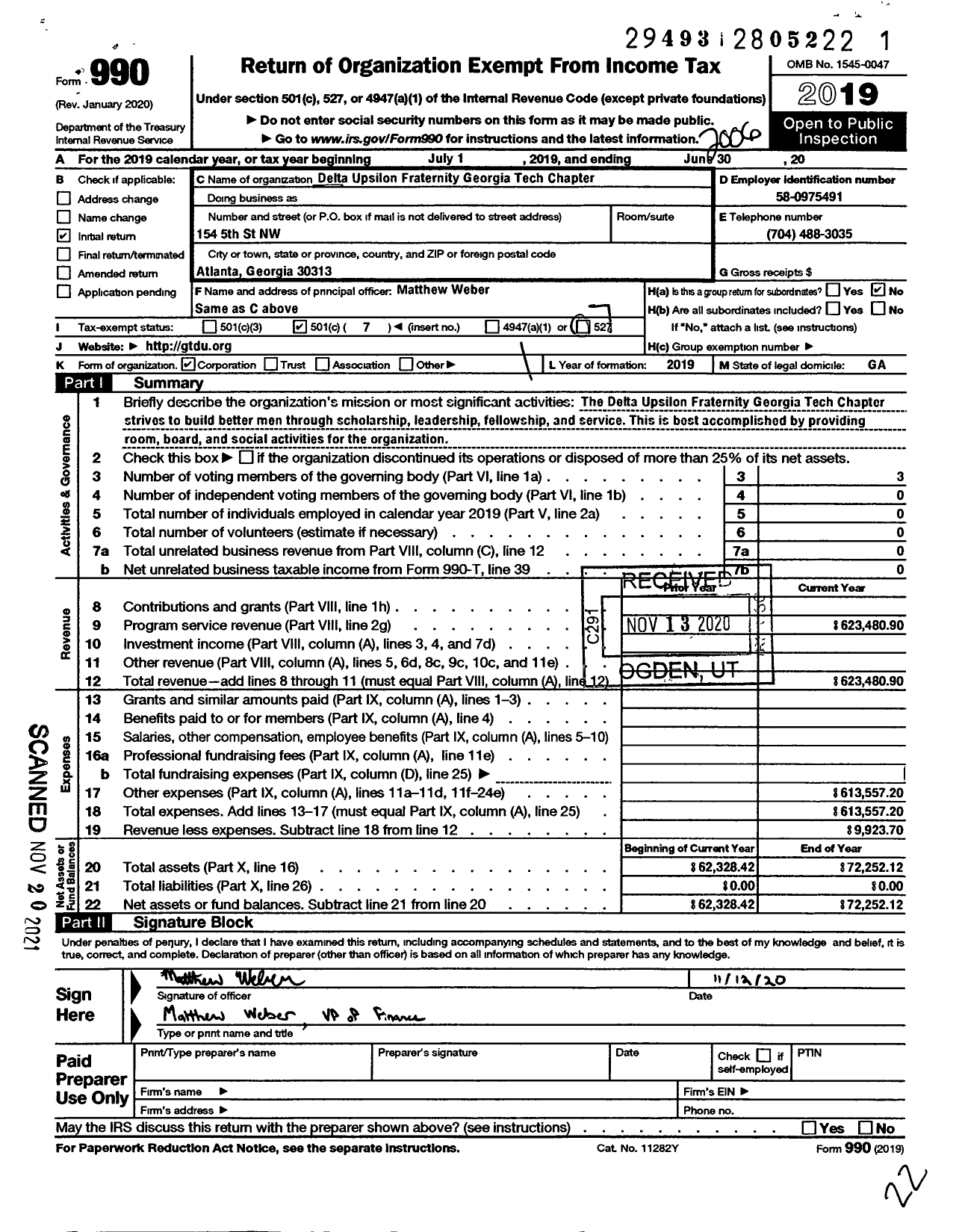 Image of first page of 2019 Form 990O for Delta Upsilon Fraternity / Georgia Tech Chapter