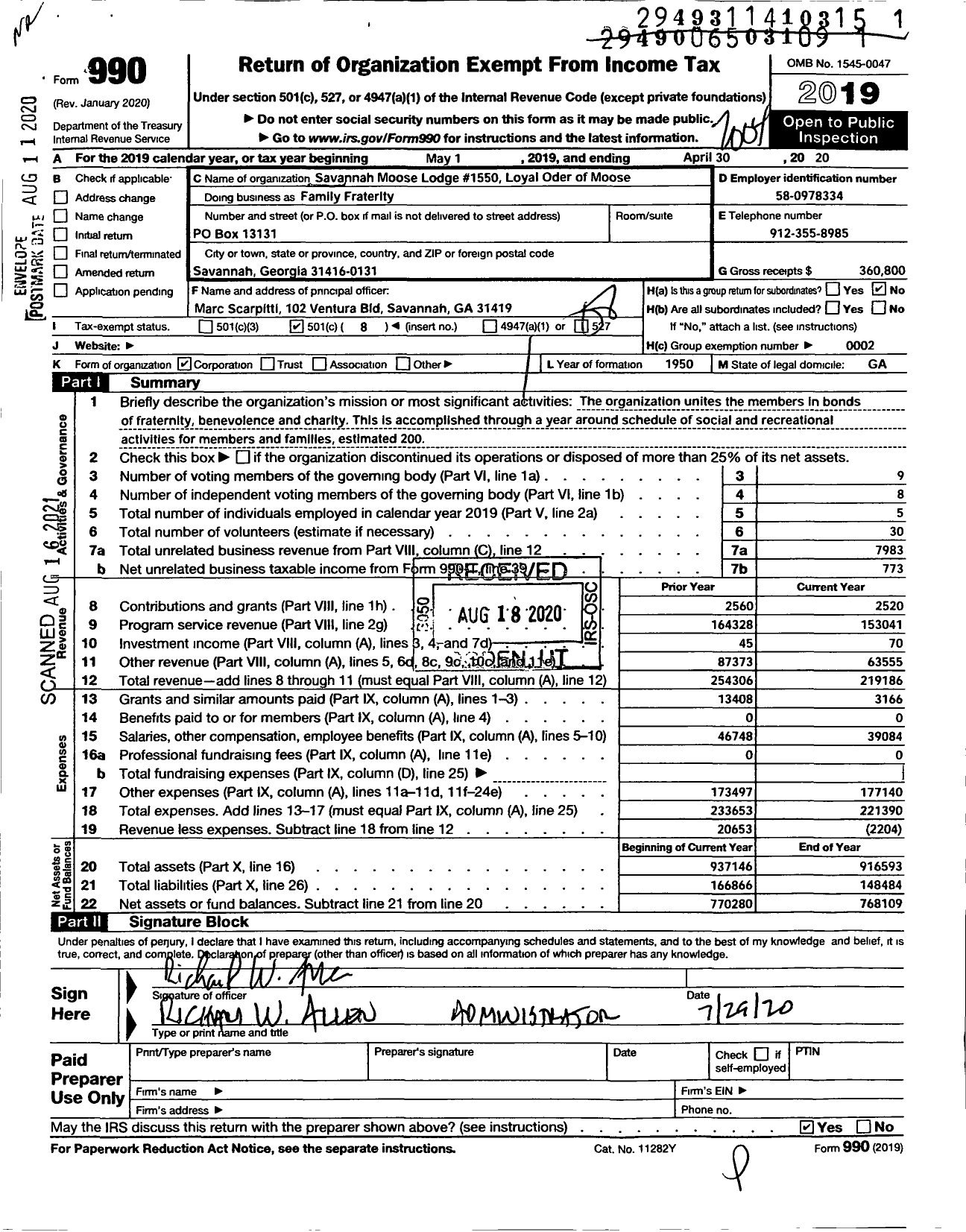 Image of first page of 2019 Form 990O for Loyal Order of Moose - Family Fraternity