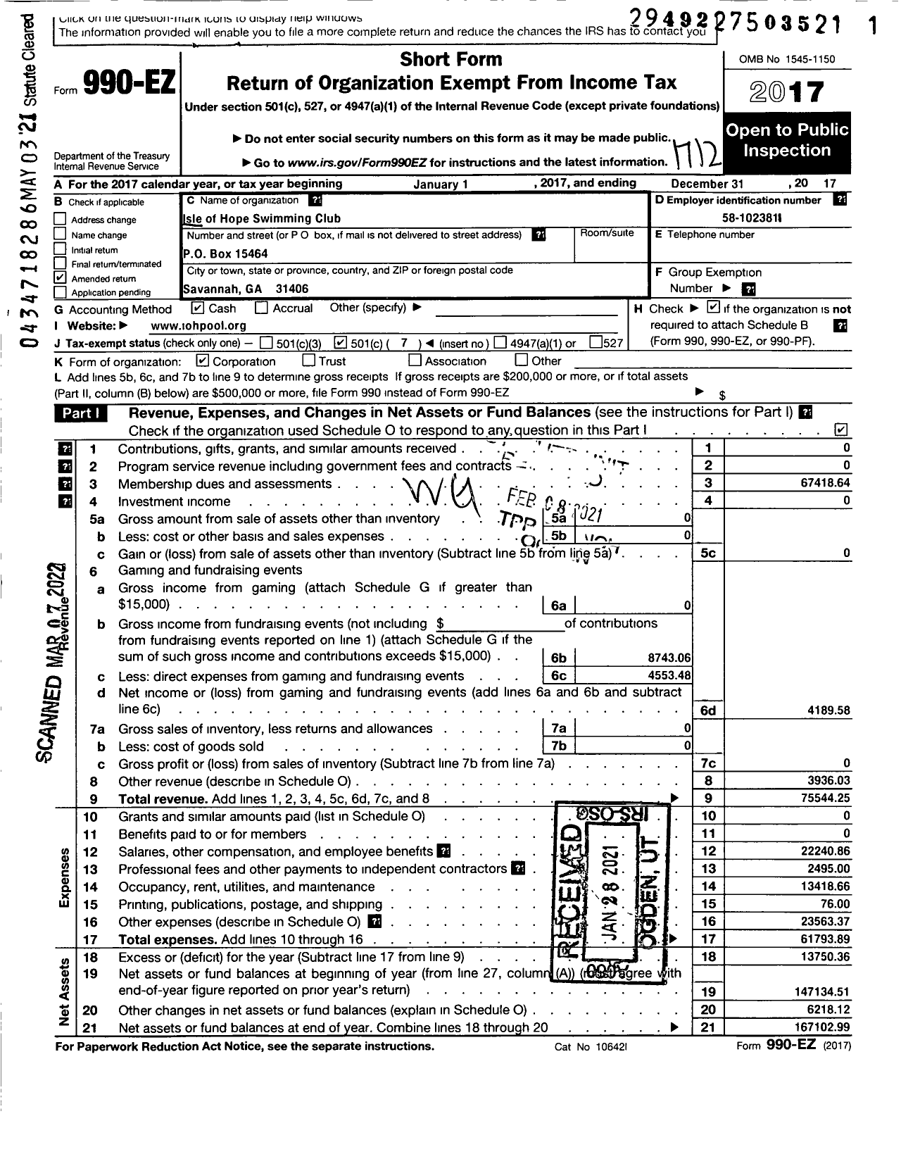 Image of first page of 2017 Form 990EO for The Isle Of Hope Swimming Club