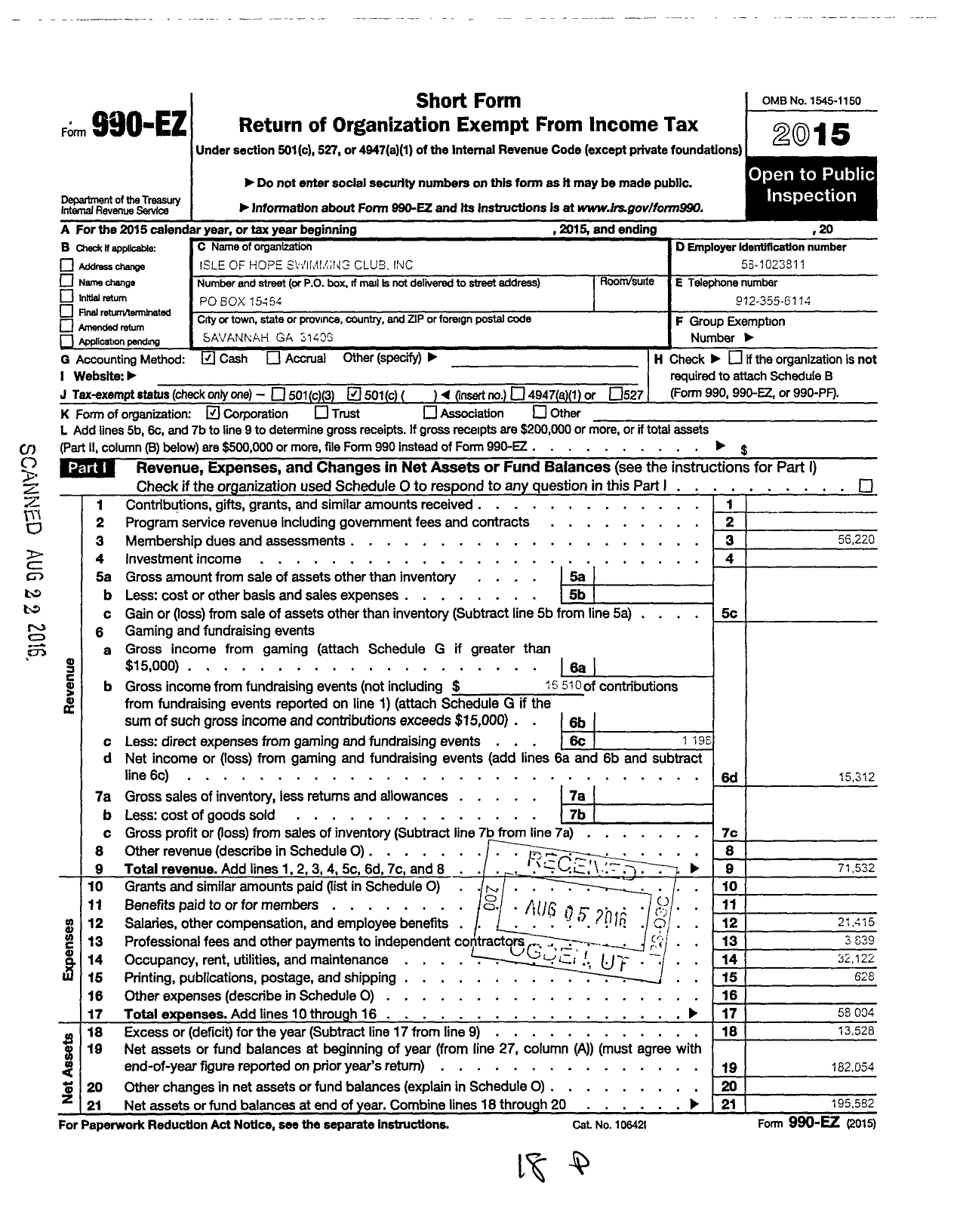 Image of first page of 2015 Form 990EO for The Isle Of Hope Swimming Club