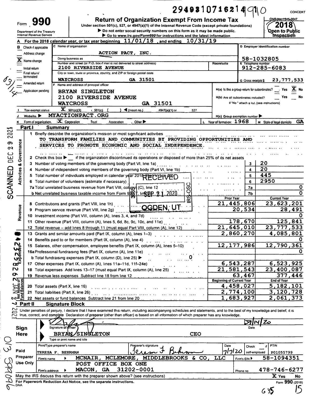 Image of first page of 2018 Form 990 for Action Pact (CSI)