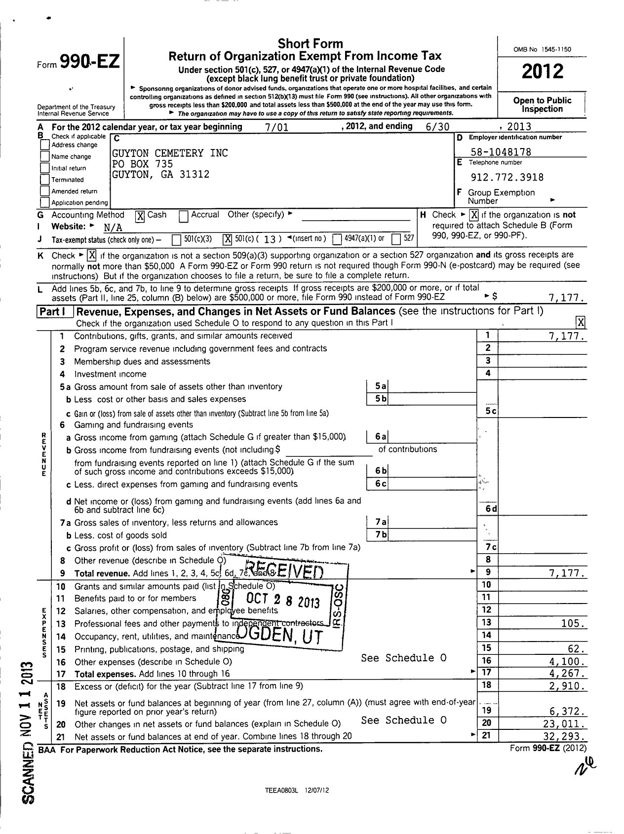 Image of first page of 2012 Form 990EO for Guyton Cemetery