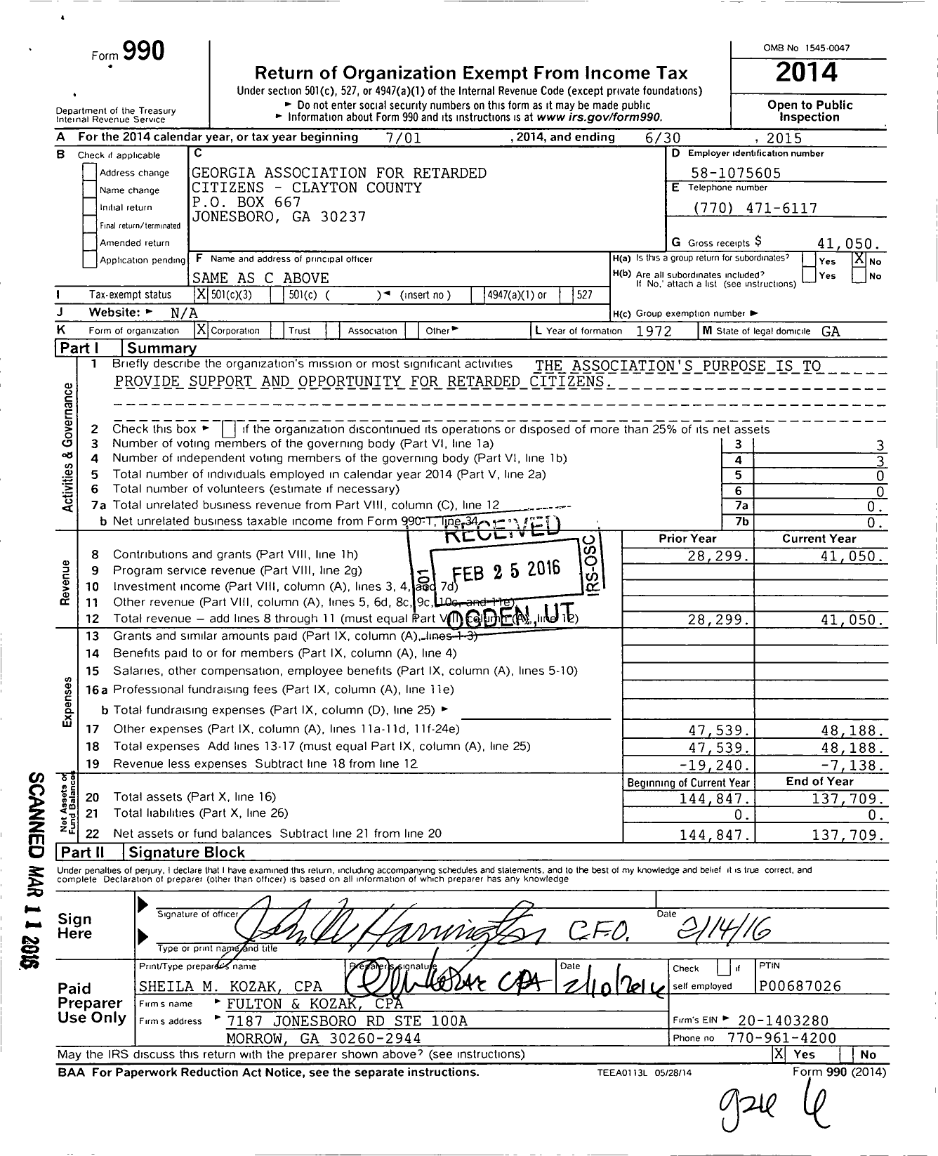 Image of first page of 2014 Form 990 for The Arc of Clayton County