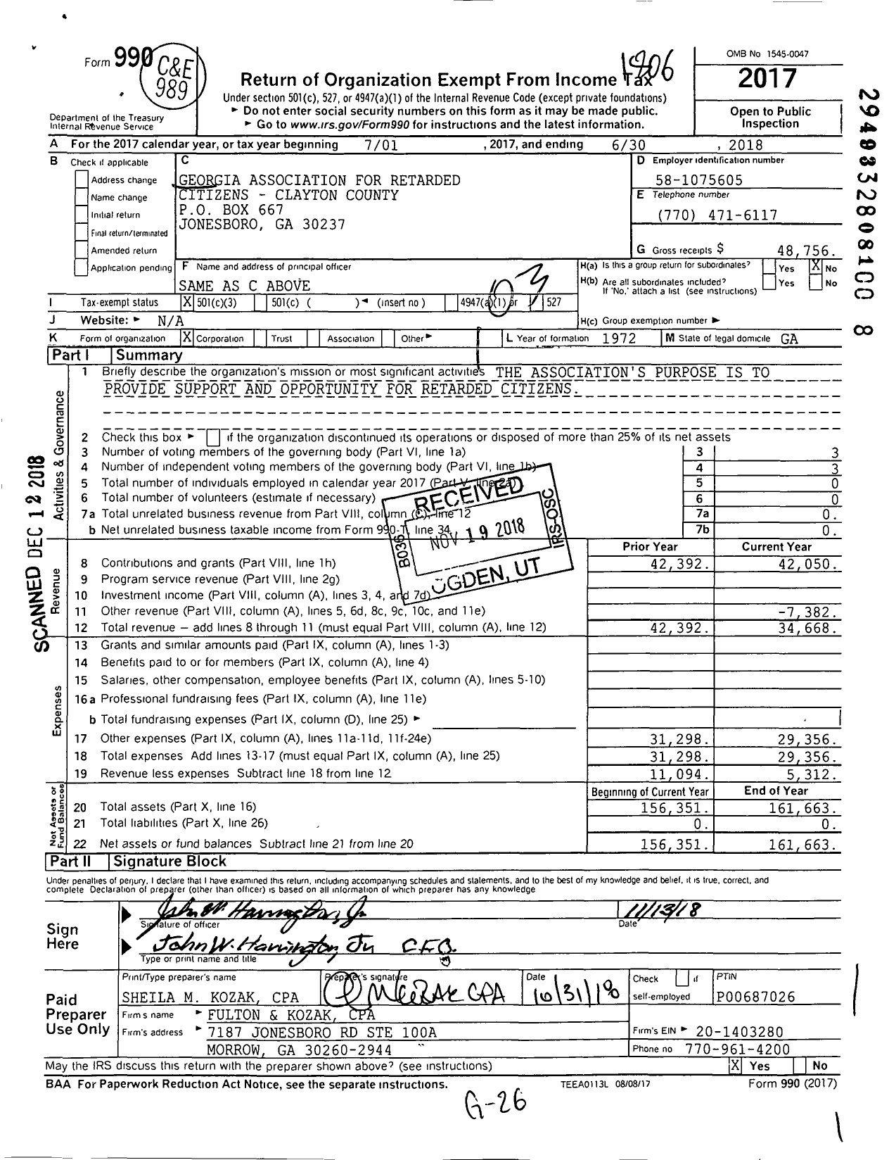 Image of first page of 2017 Form 990 for The Arc of Clayton County