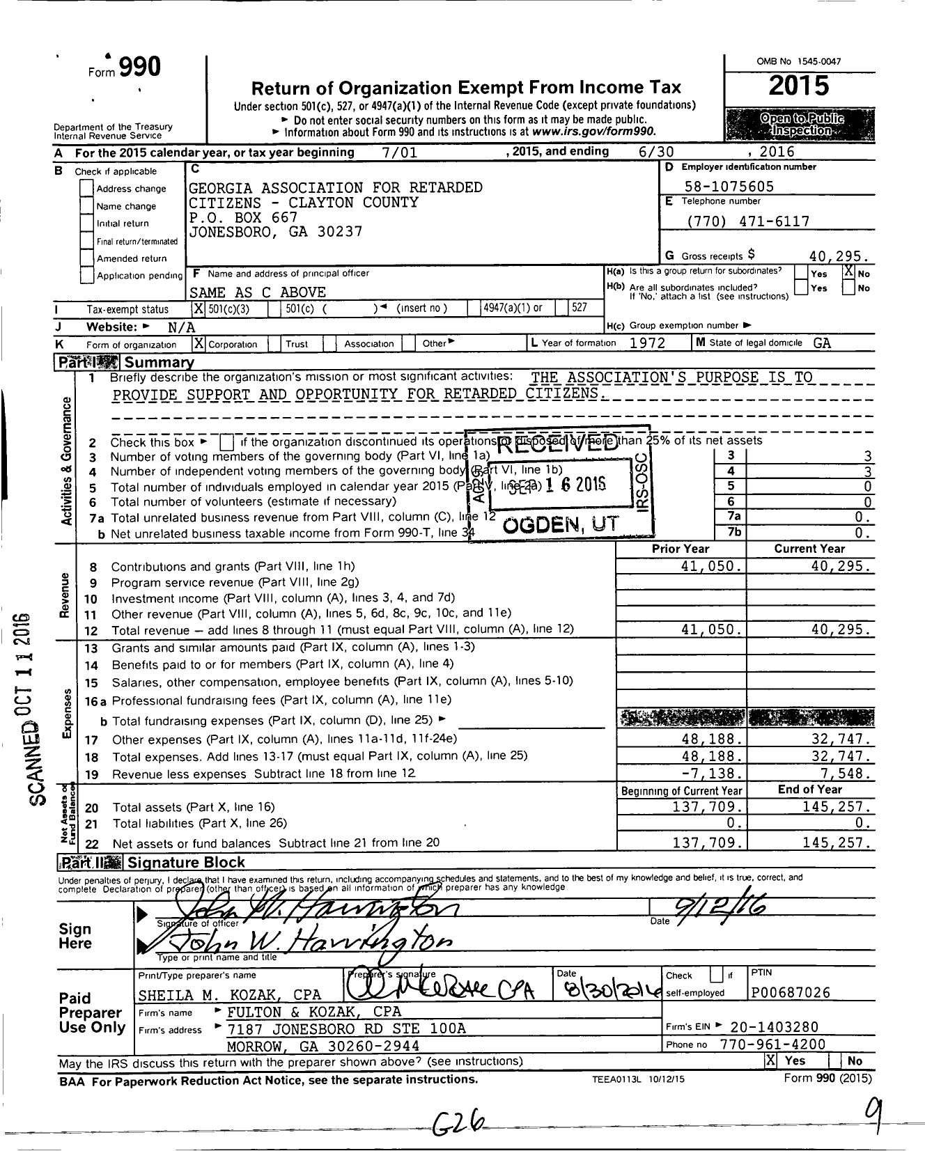 Image of first page of 2015 Form 990 for The Arc of Clayton County