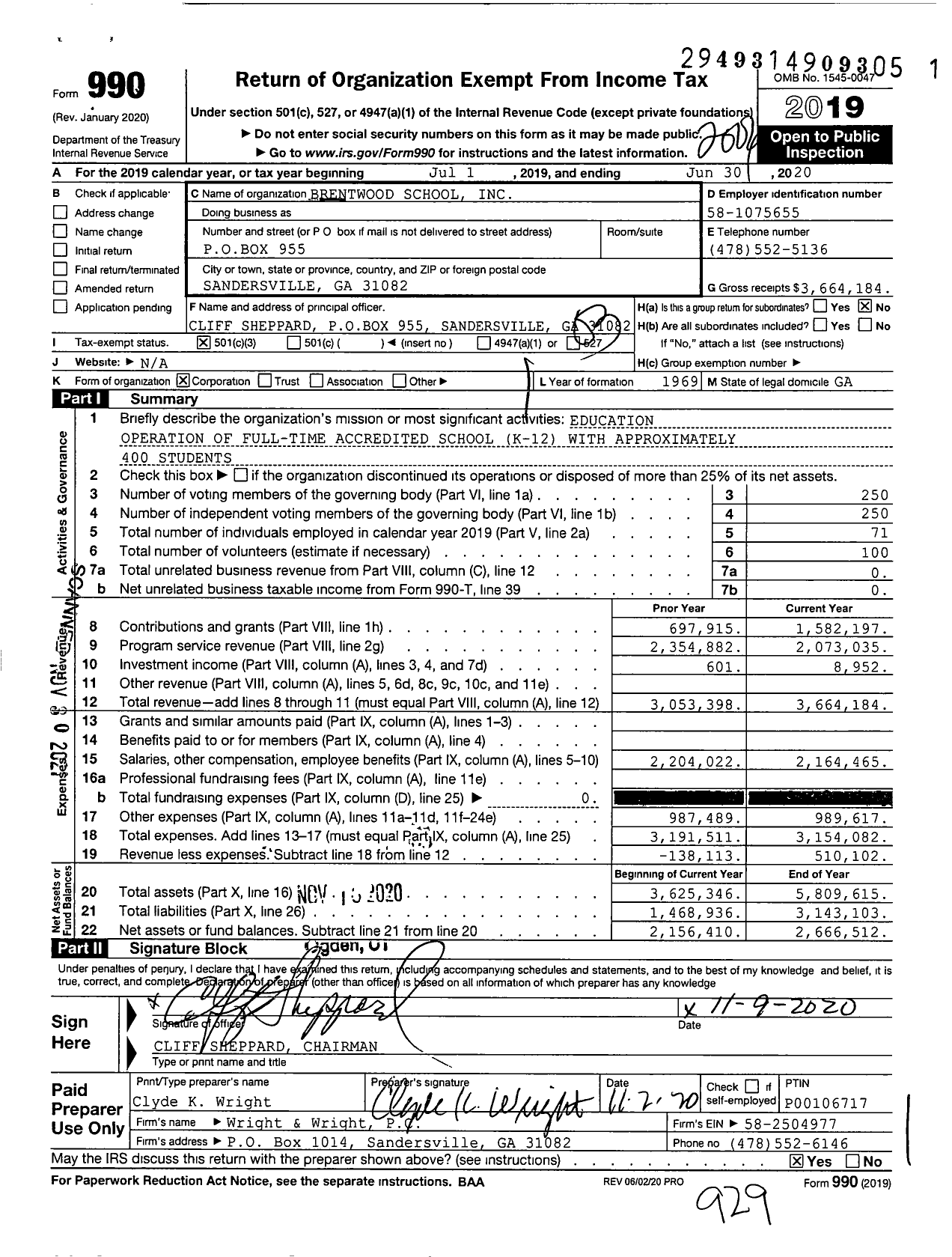 Image of first page of 2019 Form 990 for Brentwood School