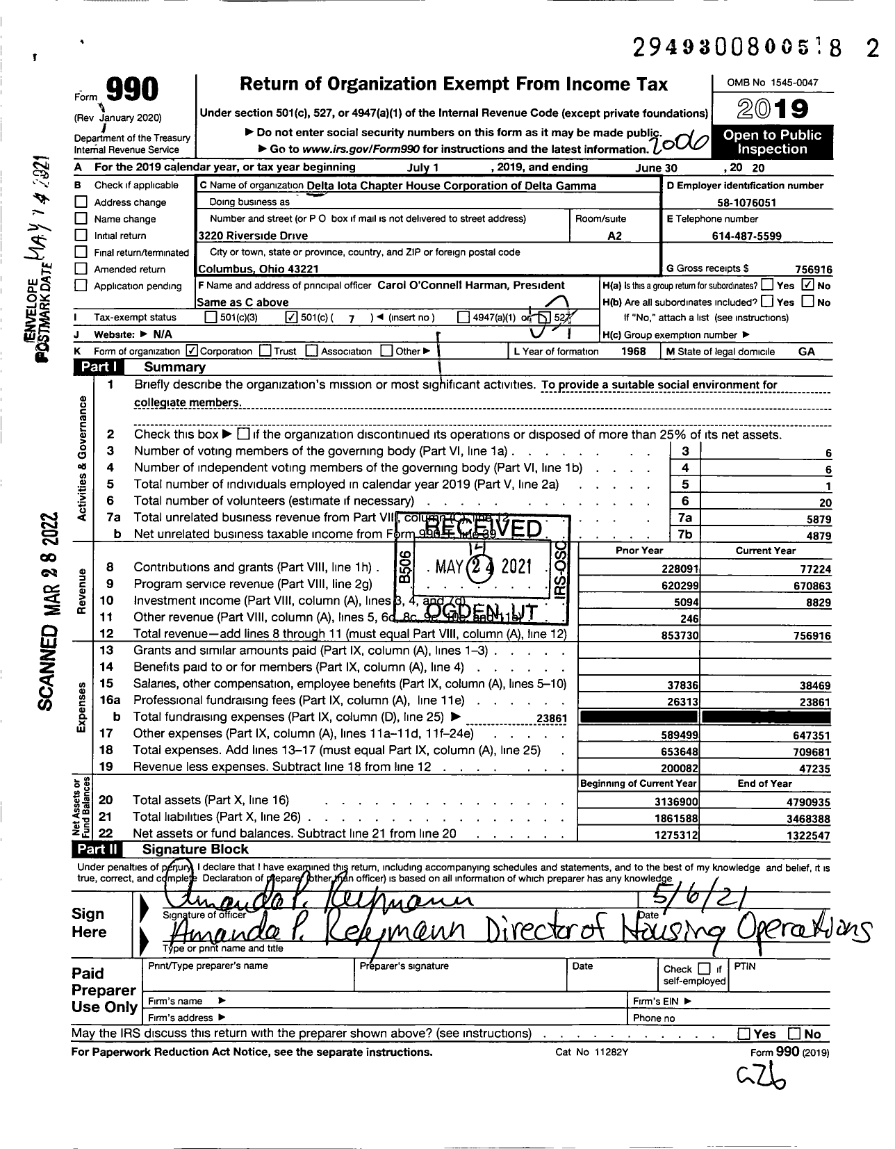 Image of first page of 2019 Form 990O for Delta Iota Chapter House Corporation of Delta Gamma