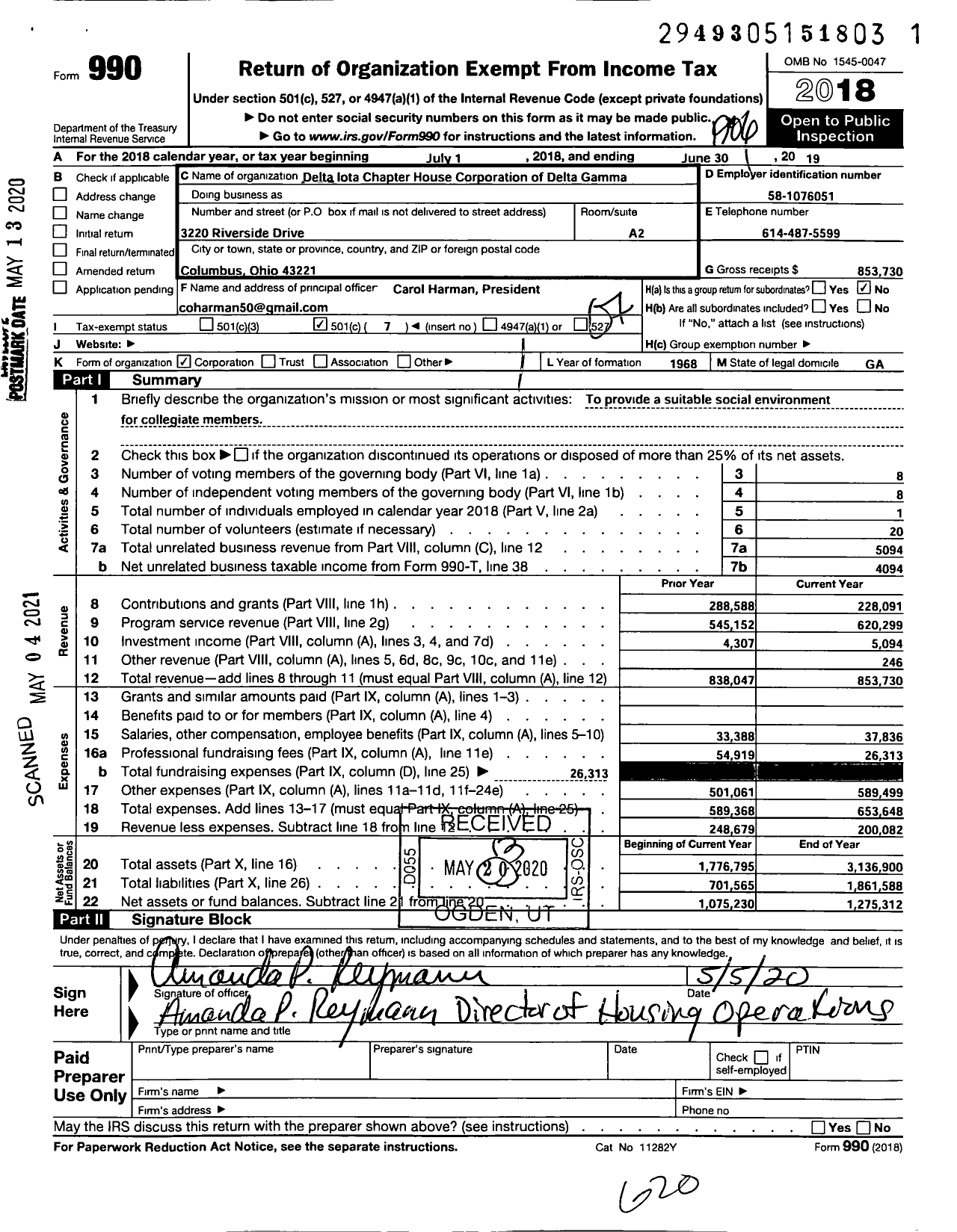 Image of first page of 2018 Form 990O for Delta Iota Chapter House Corporation of Delta Gamma