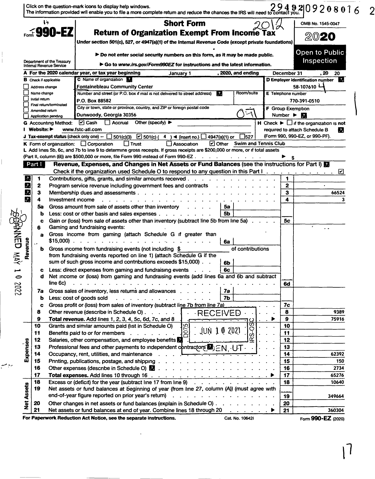 Image of first page of 2020 Form 990EO for Fontainebleau Community Center