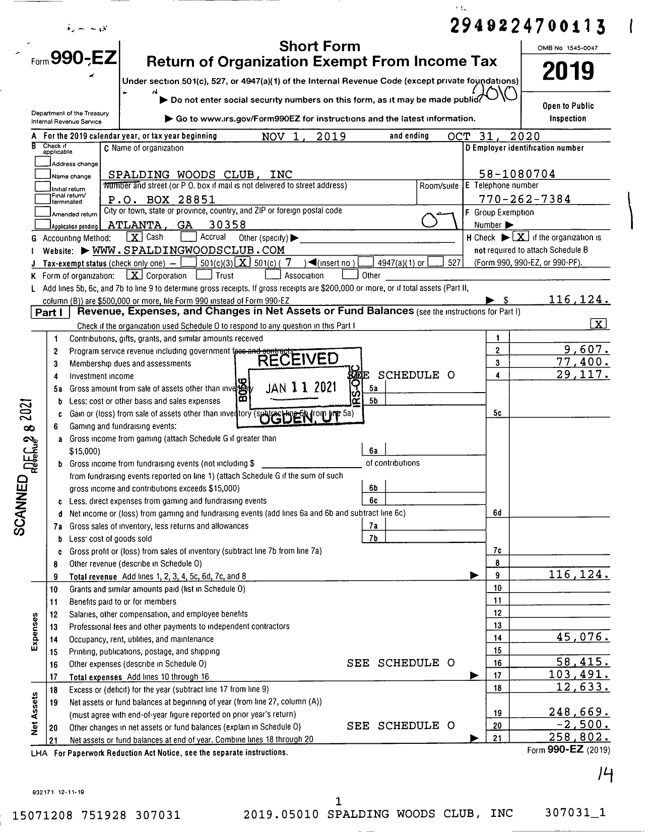 Image of first page of 2019 Form 990EO for Spalding Woods Club