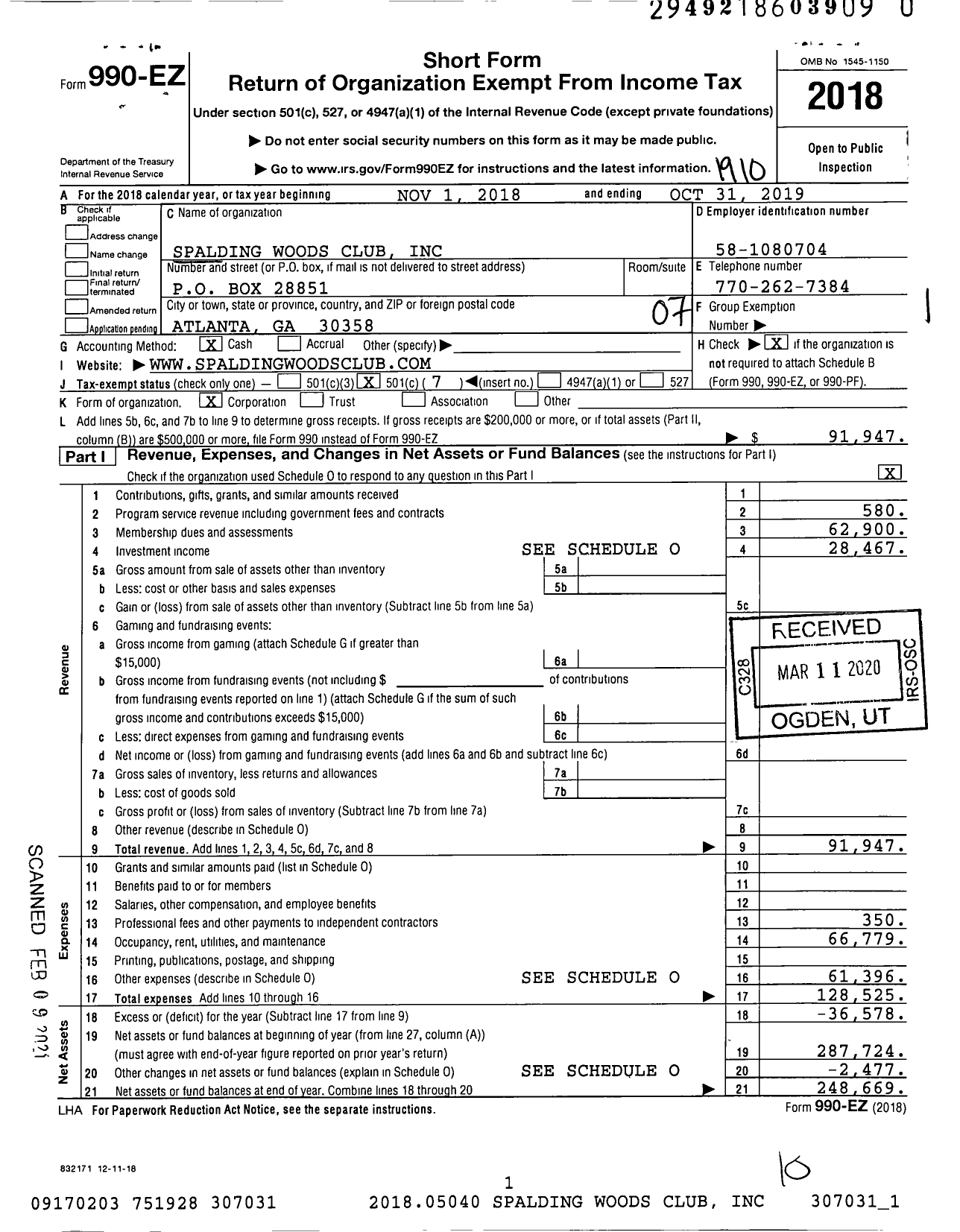 Image of first page of 2018 Form 990EO for Spalding Woods Club