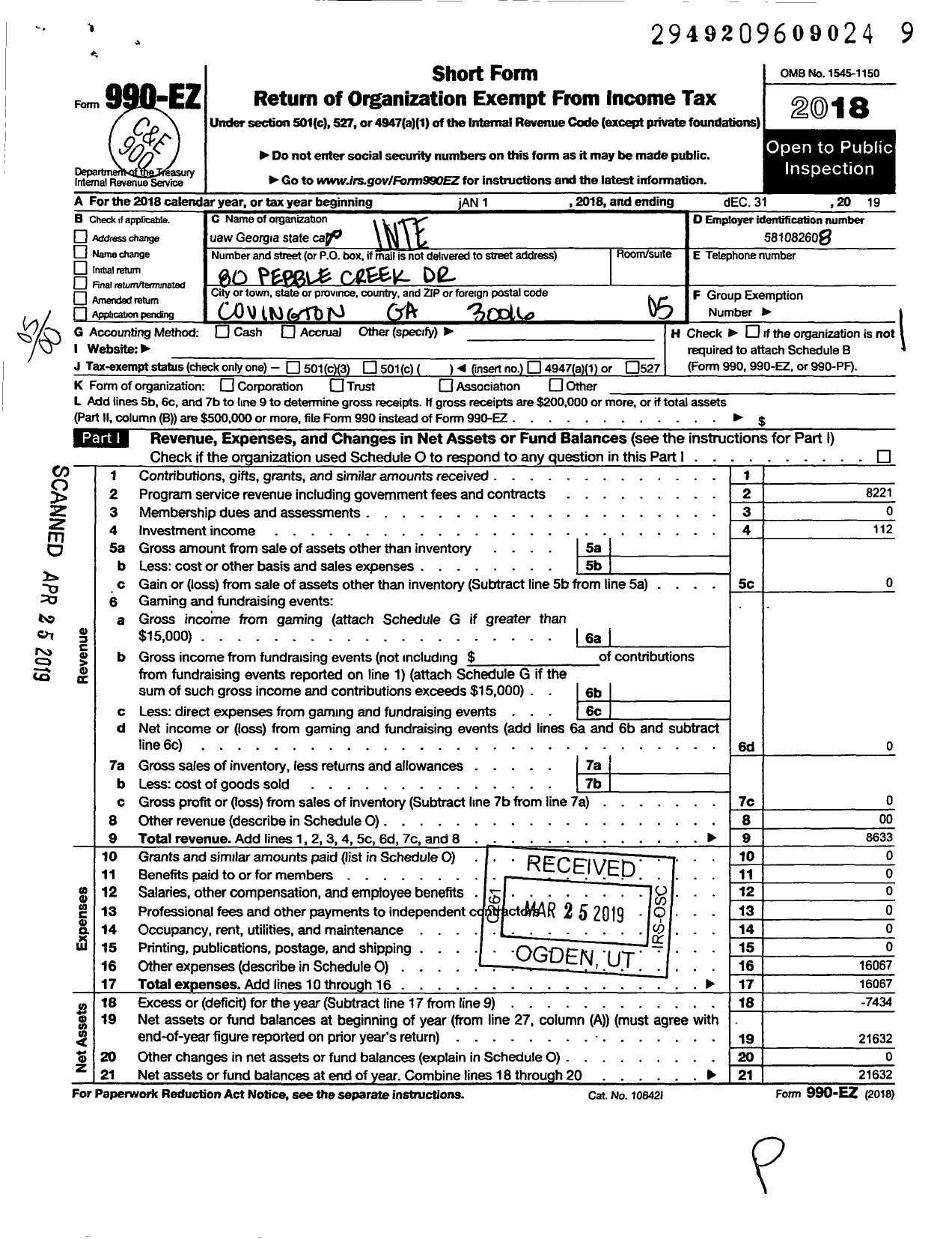 Image of first page of 2019 Form 990EO for Uaw - Georgia State Cap